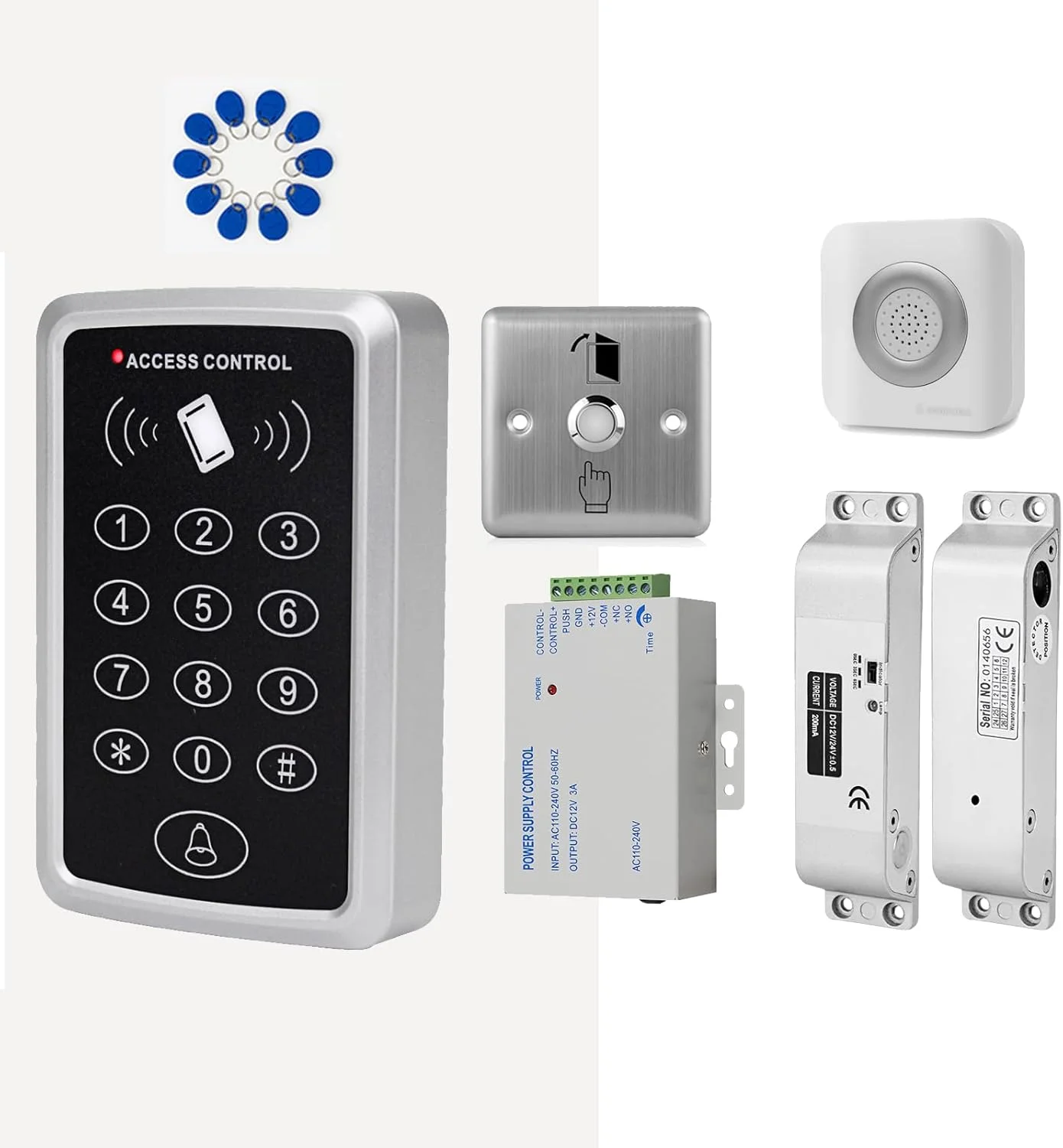 کیت سیستم کنترل دسترسی مستقل ReaIOKbii – صفحه کلید RFID ضد آب، کارتخوان درب با قابلیت دسترسی با کارت و رمز عبور، ظرفیت 1000 کاربر، بازکننده هوشمند درب، دکمه خروج، 10 جاسوئیچی شناسایی، شامل زنگ درب