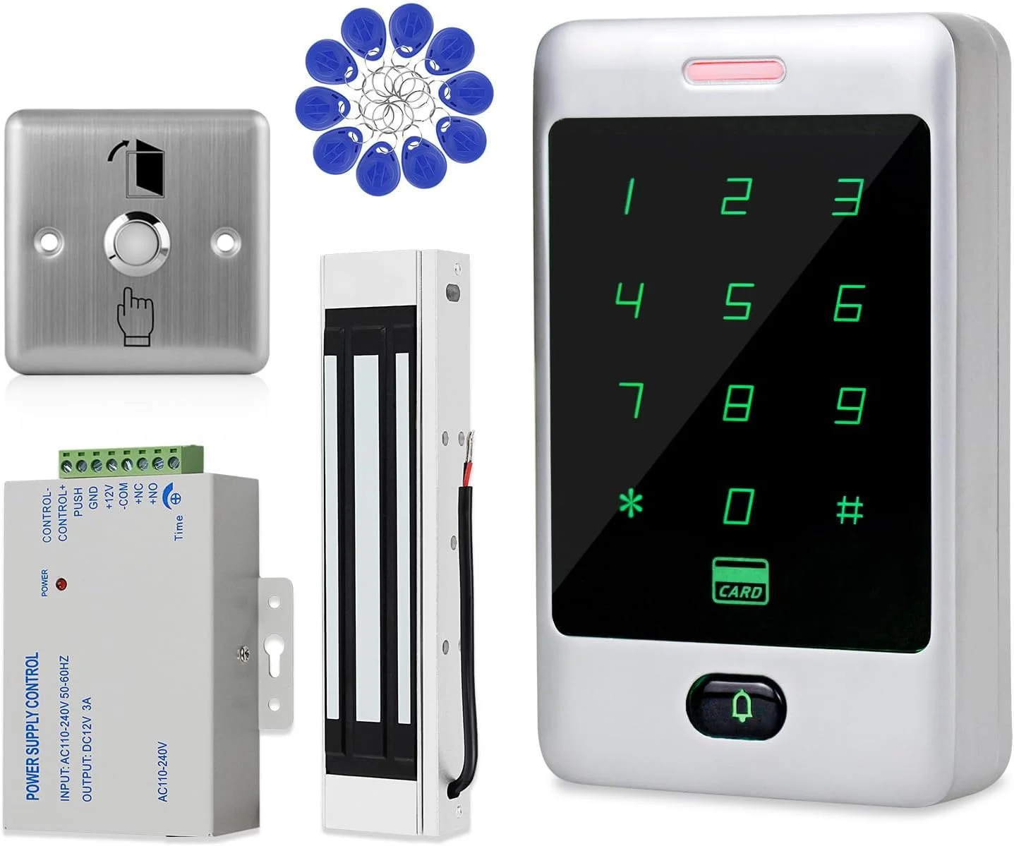 سیستم کنترل دسترسی مستقل، صفحه کلید RFID، صفحه کلید لمسی فلزی، کارت خوان درب، قفل مغناطیسی 180 کیلوگرمی + دکمه خروج، 10 جاسوئیچی شناسه سیستم کنترل دسترسی مستقل، صفحه کلید RFID، صفحه کلید لمسی فلزی، کارت خوان درب، قفل مغناطیسی 180 کیلوگرمی + دکمه خروج، 10 جاسوئیچی شناسه