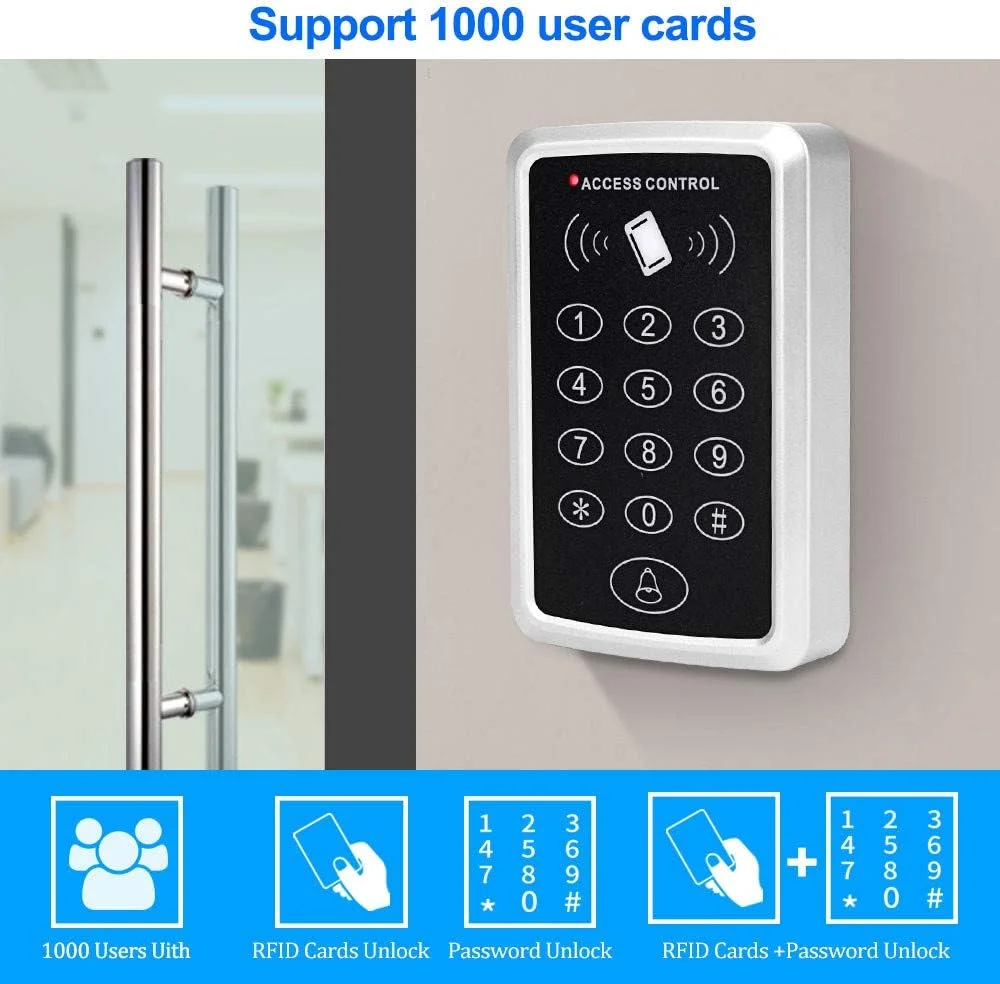 کیت سیستم کنترل دسترسی مستقل ReaIOKbii – صفحه کلید RFID ضد آب، کارتخوان درب با قابلیت دسترسی با کارت و رمز عبور، ظرفیت 1000 کاربر، بازکننده هوشمند درب، دکمه خروج، 10 جاسوئیچی شناسایی، شامل زنگ درب