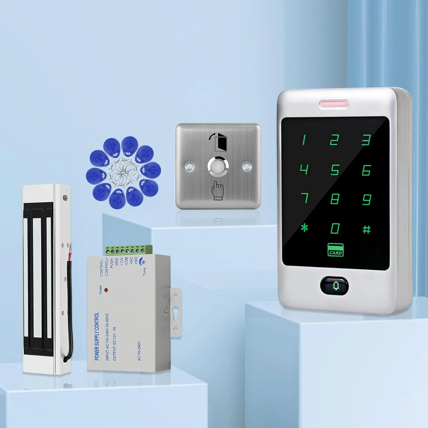 سیستم کنترل دسترسی مستقل، صفحه کلید RFID، صفحه کلید لمسی فلزی، کارت خوان درب، قفل مغناطیسی 180 کیلوگرمی + دکمه خروج، 10 جاسوئیچی شناسه سیستم کنترل دسترسی مستقل، صفحه کلید RFID، صفحه کلید لمسی فلزی، کارت خوان درب، قفل مغناطیسی 180 کیلوگرمی + دکمه خروج، 10 جاسوئیچی شناسه