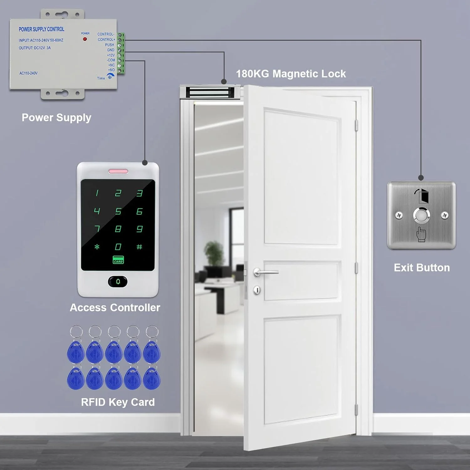 سیستم کنترل دسترسی مستقل، صفحه کلید RFID، صفحه کلید لمسی فلزی، کارت خوان درب، قفل مغناطیسی 180 کیلوگرمی + دکمه خروج، 10 جاسوئیچی شناسه سیستم کنترل دسترسی مستقل، صفحه کلید RFID، صفحه کلید لمسی فلزی، کارت خوان درب، قفل مغناطیسی 180 کیلوگرمی + دکمه خروج، 10 جاسوئیچی شناسه