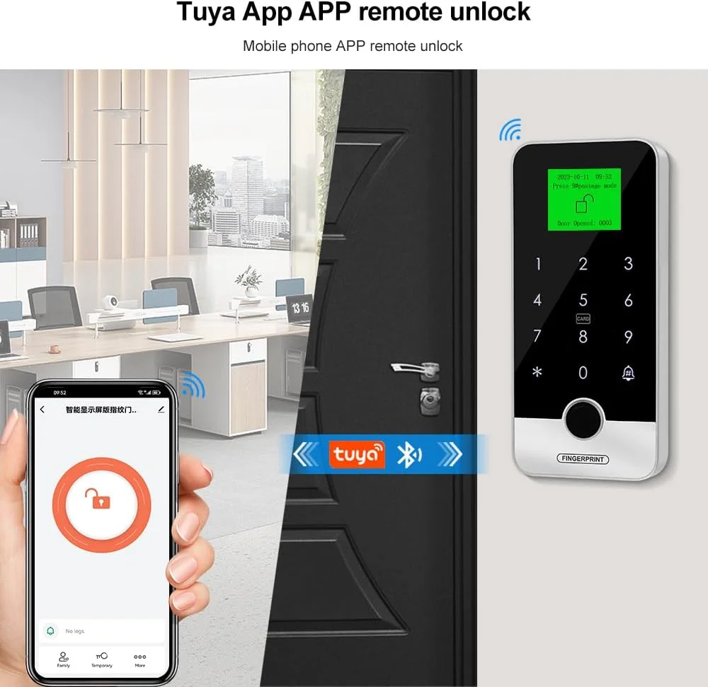 صفحه کلید کنترل دسترسی بلوتوثی Tuya RFID، سیستم اثر انگشت بیومتریک IP65 ضد آب 13.56 مگاهرتز با صفحه لمسی + 10 عدد جاسوئیچی صفحه کلید کنترل دسترسی بلوتوثی Tuya RFID، سیستم اثر انگشت بیومتریک IP65 ضد آب 13.56 مگاهرتز با صفحه لمسی + 10 عدد جاسوئیچی