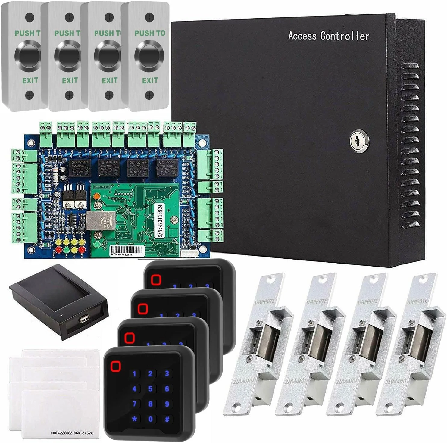 سیستم کنترل دسترسی RFID شبکه UHPPOTE شامل منبع تغذیه، صفحه کلید، کارتخوان و قفل زبانه ای برای 4 درب سیستم کنترل دسترسی RFID شبکه UHPPOTE شامل منبع تغذیه، صفحه کلید، کارتخوان و قفل زبانه ای برای 4 درب