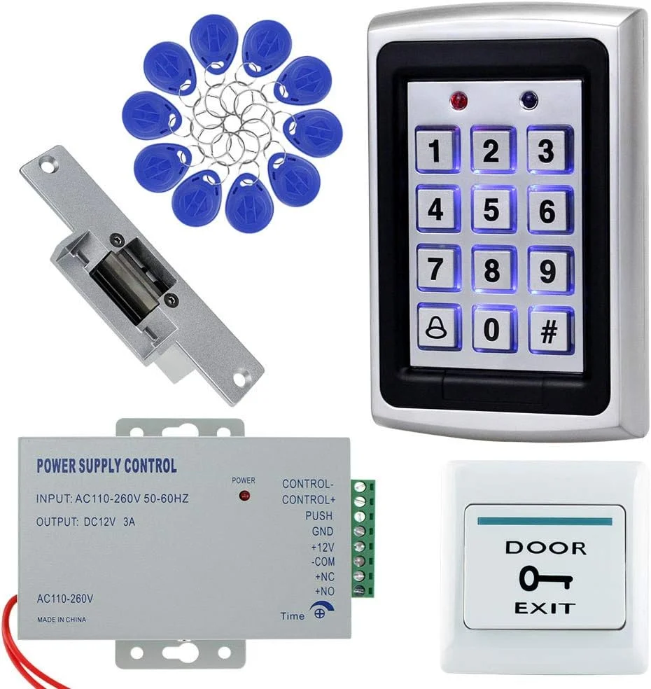 کیت کامل سیستم کنترل دسترسی خانه شامل کنترلر فلزی 1000 کاربر، صفحه کلید، قفل برقی NC با ولتاژ 12 ولت DC، منبع تغذیه 12 ولت 3 آمپر، دکمه خروج از درب و 10 عدد جاسوئیچی RFID آبی 125 کیلوهرتز کیت کامل سیستم کنترل دسترسی خانه شامل کنترلر فلزی 1000 کاربر، صفحه کلید، قفل برقی NC با ولتاژ 12 ولت DC، منبع تغذیه 12 ولت 3 آمپر، دکمه خروج از درب و 10 عدد جاسوئیچی RFID آبی 125 کیلوهرتز