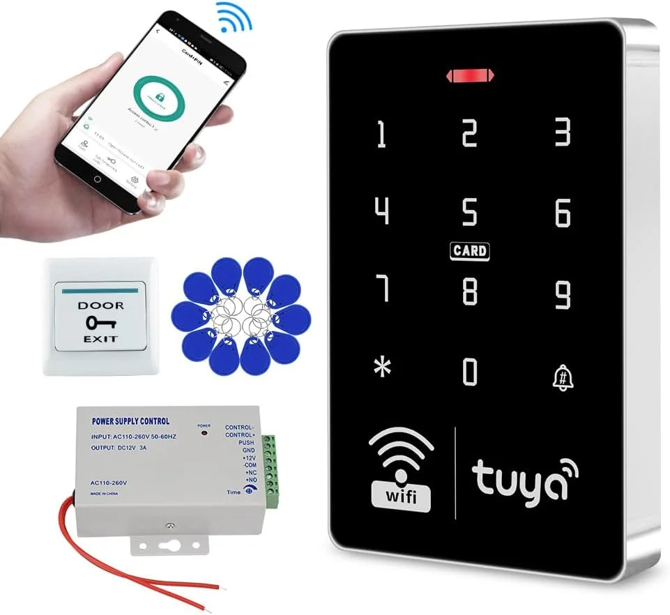 کیت سیستم کنترل دسترسی وای فای Tuya با اپلیکیشن، کنترلر دسترسی RFID ضد آب IP68، 125 کیلوهرتز، 13.56 مگاهرتز، صفحه کلید دسترسی + منبع تغذیه DC 12 ولت + 10 عدد جاسوئیچی (بدون قفل) کیت سیستم کنترل دسترسی وای فای Tuya با اپلیکیشن، کنترلر دسترسی RFID ضد آب IP68، 125 کیلوهرتز، 13.56 مگاهرتز، صفحه کلید دسترسی + منبع تغذیه DC 12 ولت + 10 عدد جاسوئیچی (بدون قفل)
