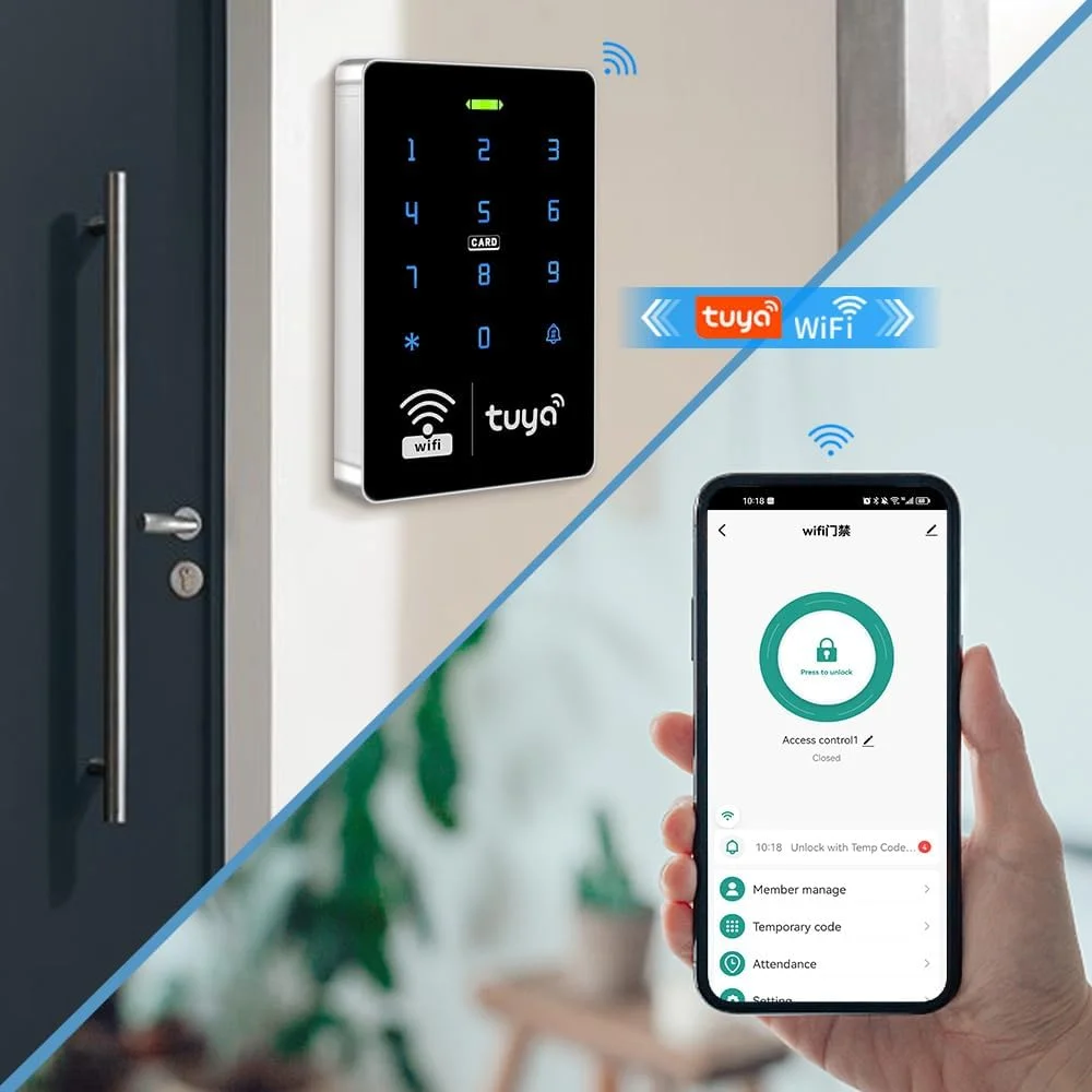 کیت سیستم کنترل دسترسی وای فای Tuya با اپلیکیشن، کنترلر دسترسی RFID ضد آب IP68، 125 کیلوهرتز، 13.56 مگاهرتز، صفحه کلید دسترسی + منبع تغذیه DC 12 ولت + 10 عدد جاسوئیچی (بدون قفل) کیت سیستم کنترل دسترسی وای فای Tuya با اپلیکیشن، کنترلر دسترسی RFID ضد آب IP68، 125 کیلوهرتز، 13.56 مگاهرتز، صفحه کلید دسترسی + منبع تغذیه DC 12 ولت + 10 عدد جاسوئیچی (بدون قفل)