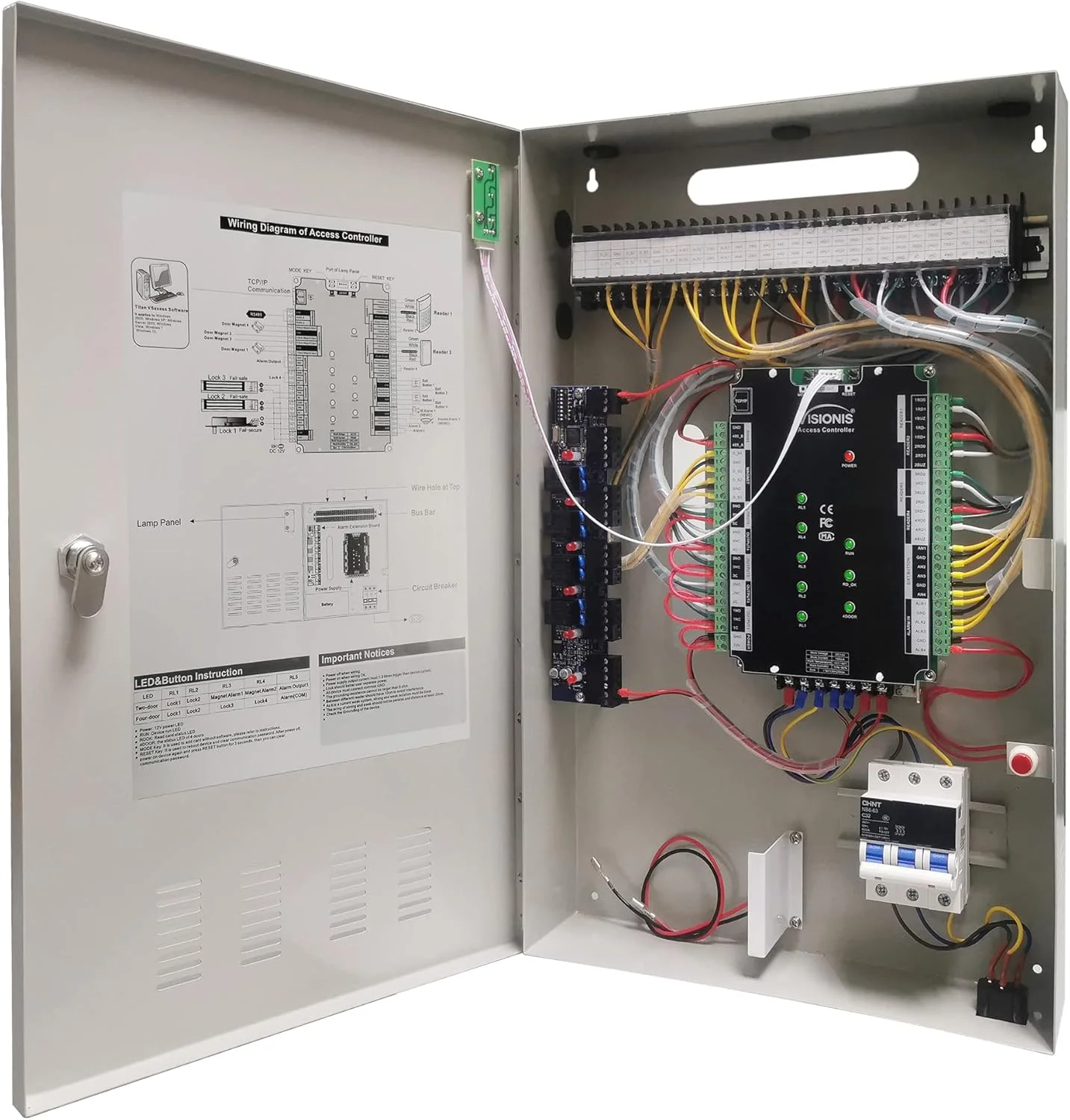 برد کنترلر پنل کنترل دسترسی شبکه حرفه ای چهار درب Visionis VS-AXESS-4DLX و کابینت منبع تغذیه برای امنیت 4 درب با TCP/IP ویگند و نرم افزار دسکتاپ 100000 کاربر برد کنترلر پنل کنترل دسترسی شبکه حرفه ای چهار درب Visionis VS-AXESS-4DLX و کابینت منبع تغذیه برای امنیت 4 درب با TCP/IP ویگند و نرم افزار دسکتاپ 100000 کاربر