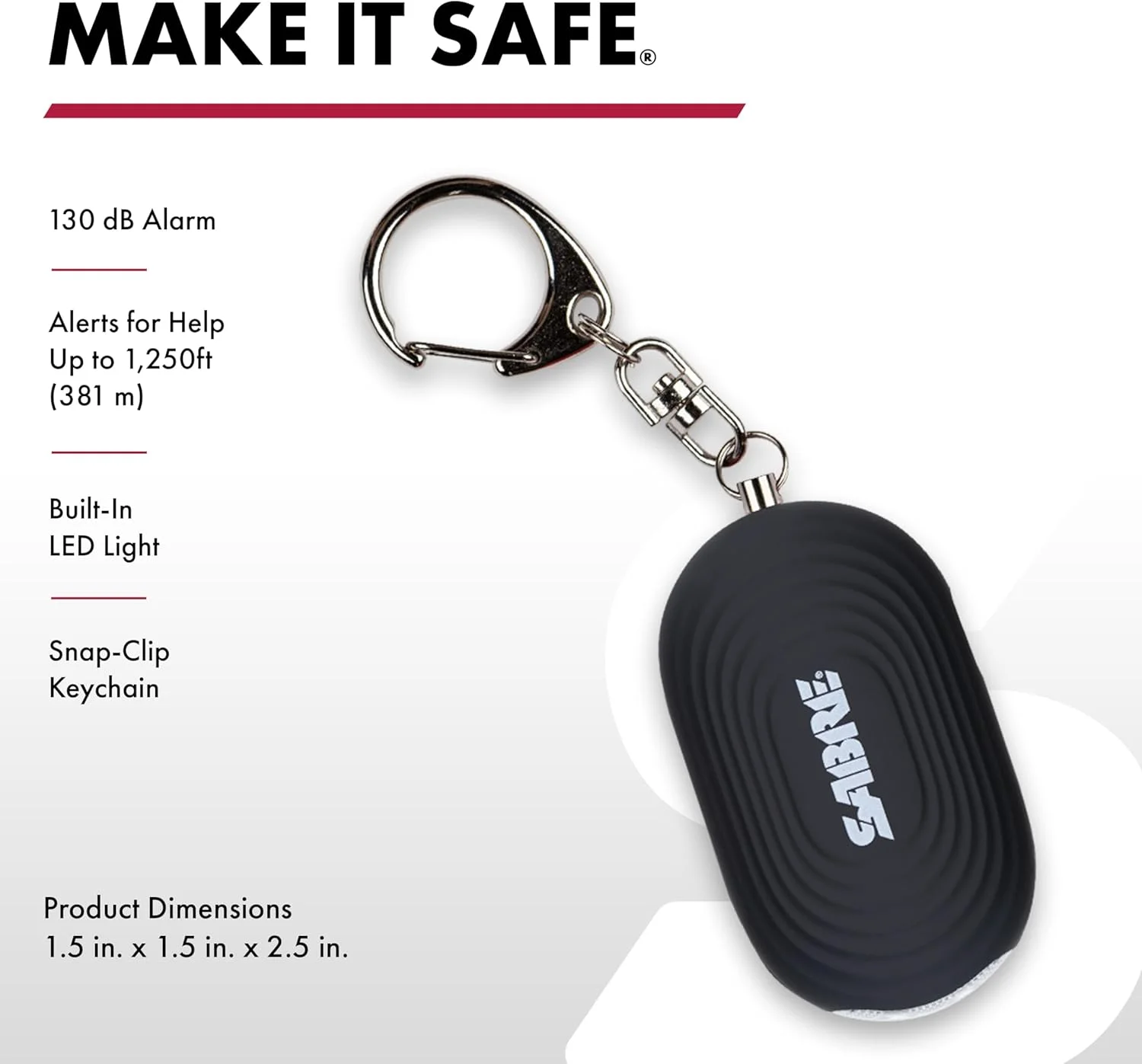 آلارم شخصی SABRE با چراغ LED و قلاب، آژیر 130dB، برد شنیداری 300 متری، مشکی