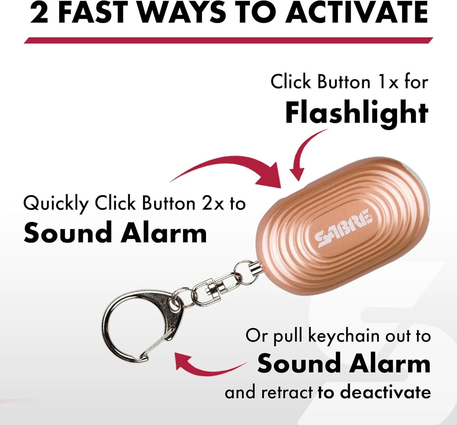 آلارم شخصی SABRE با چراغ LED و قلاب، آژیر 130dB، برد شنیداری 300 متری، مشکی