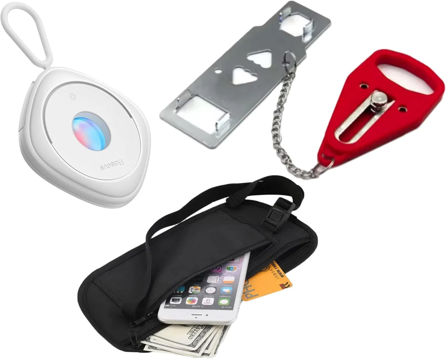 مجموعه ایمنی مسافرتی - کیت امنیتی شخصی 4 در 1 | کمربند پول و گذرنامه، آشکارساز دوربین مخفی، چاقوی جیبی چند ابزاره، قفل درب مسافرتی قابل حمل - در سفر ایمن و هوشمند بمانید