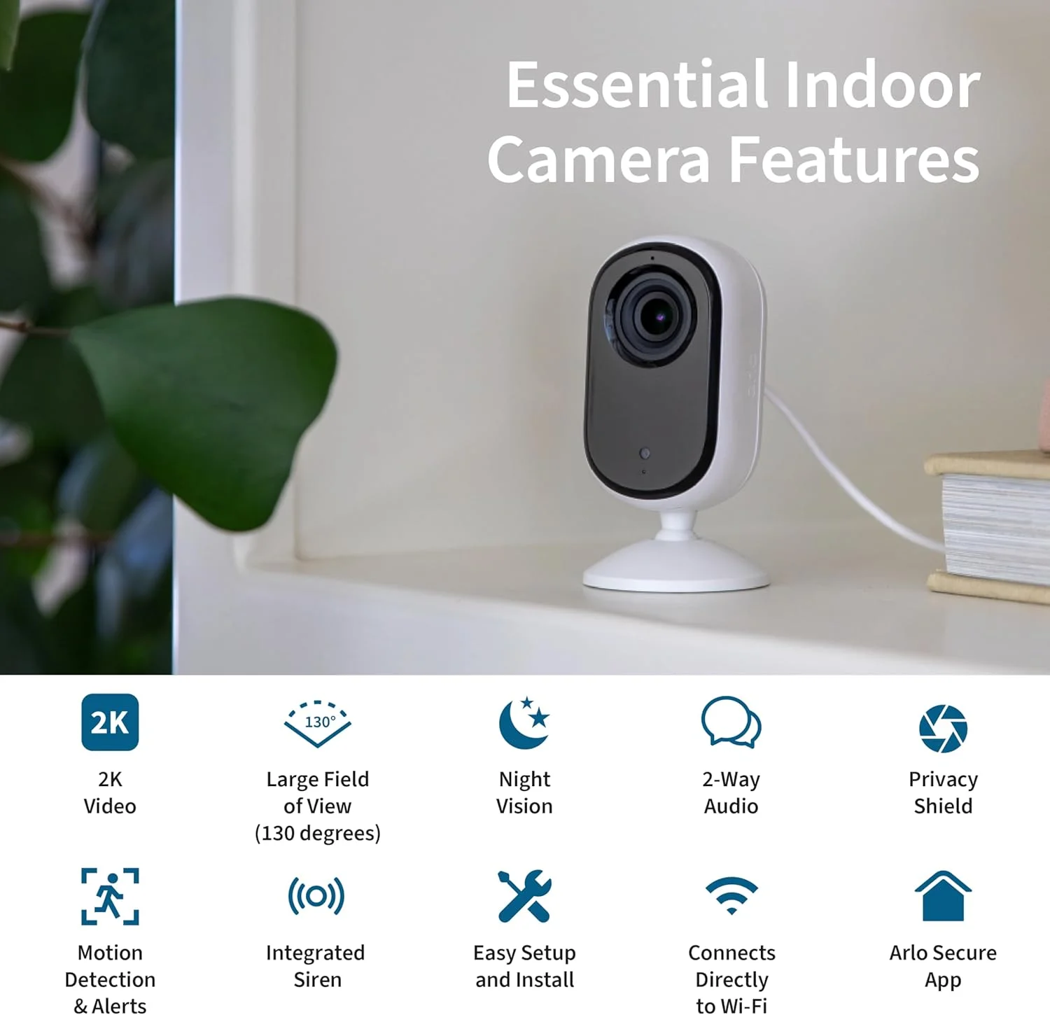 دوربین امنیتی داخلی 2K Arlo Essential (نسل دوم) – بسته 1 عددی – امنیت خانه، مانیتور کودک، دوربین حیوانات خانگی، سیستم دوربین 2K، سفید – VMC3060