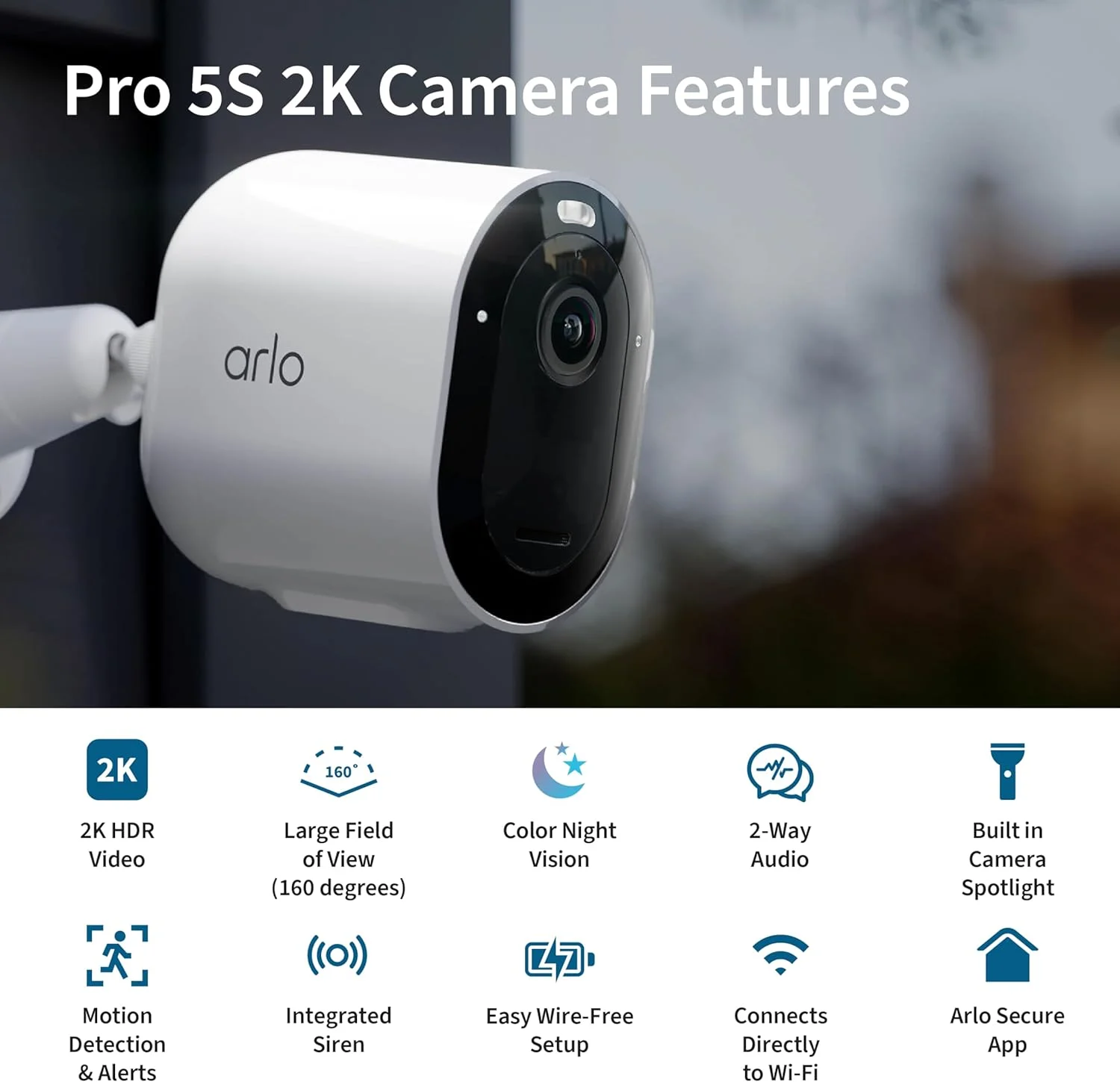 دوربین امنیتی نورافکن Arlo Pro 5S 2K HDR | مناسب فضای باز | بی سیم | اتصال Wi-Fi دو بانده به قوی ترین شبکه | زوم 12X، صدای دو طرفه، دید در شب رنگی، پخش زنده (سفید، 2 دوربین) دوربین امنیتی نورافکن Arlo Pro 5S 2K HDR | مناسب فضای باز | بی سیم | اتصال Wi-Fi دو بانده به قوی ترین شبکه | زوم 12X، صدای دو طرفه، دید در شب رنگی، پخش زنده (سفید، 2 دوربین)