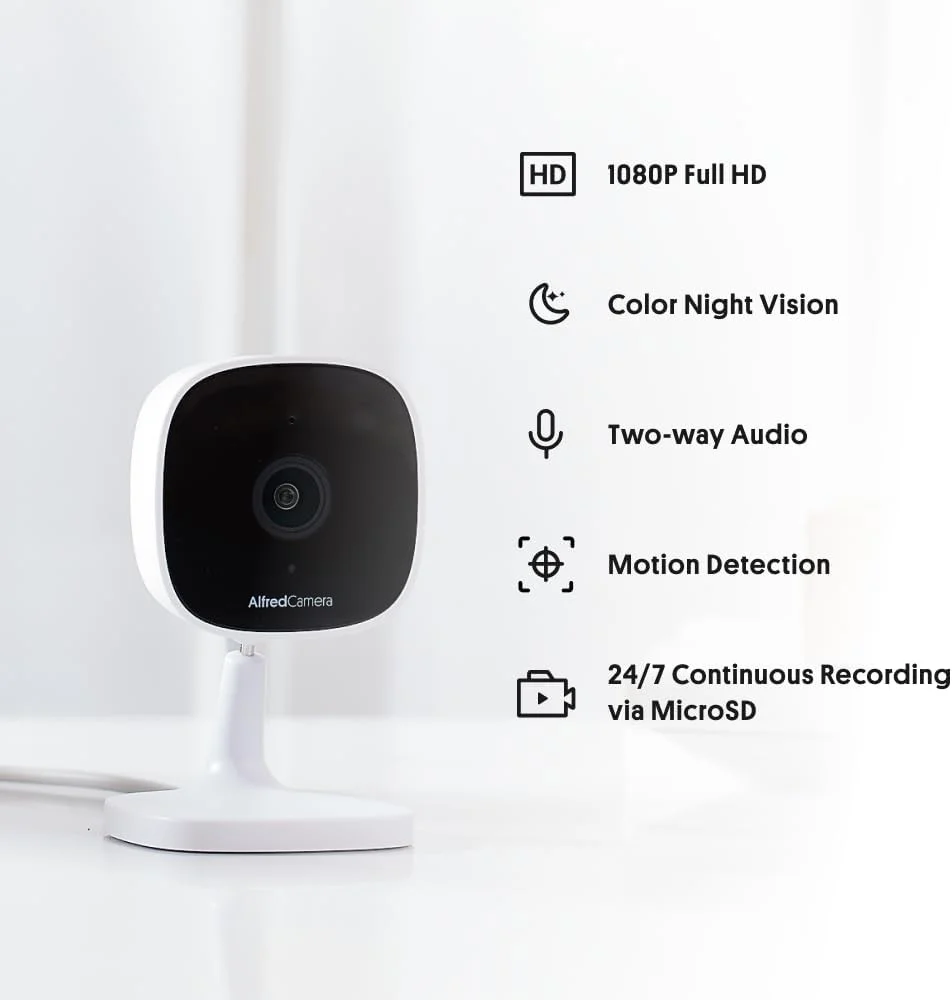 دوربین امنیتی داخلی بولت AlfredCamera - AlfredCam، مانیتور کودک/حیوان خانگی پلاگین - 1080P، دید در شب، زاویه دید عریض، ضبط مداوم و پایه چسبی - کار با برنامه Alfred Camera 2.4G WiFi