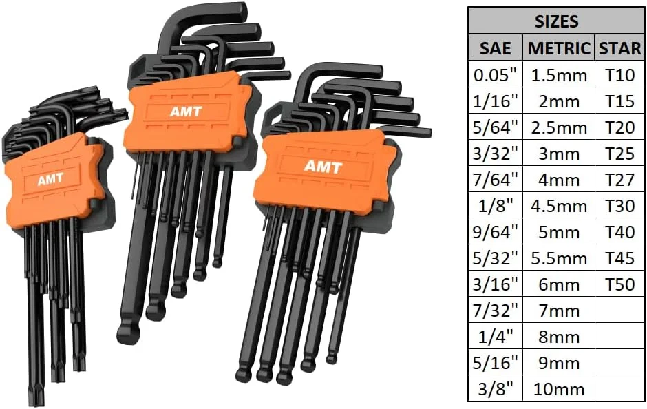 مجموعه 35 عددی آچار آلن بلند و ست آچار ستاره ای AMERICAN MUTT TOOLS - شامل ست آچار آلن سر گرد بلند ستاره ای، متریک و استاندارد SAE و ست آچار ستاره ای امنیتی - مجموعه آچارهای آلن بزرگ