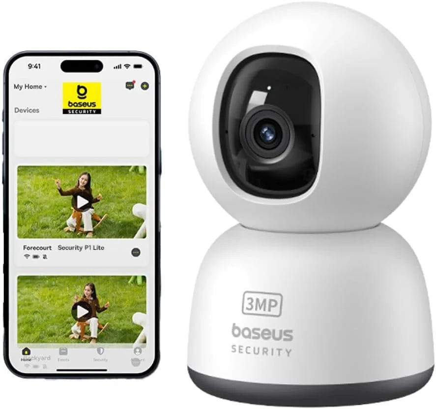 دوربین امنیتی چرخشی Baseus P1 Lite با کیفیت 2K، وضوح 3 مگاپیکسل HD، صدای دو طرفه، دید در شب، پشتیبانی از کارت حافظه SD تا 256 گیگابایت، ردیابی حرکت برای نظارت بر کودک/حیوان خانگی، سازگار با الکسا و گوگل هوم