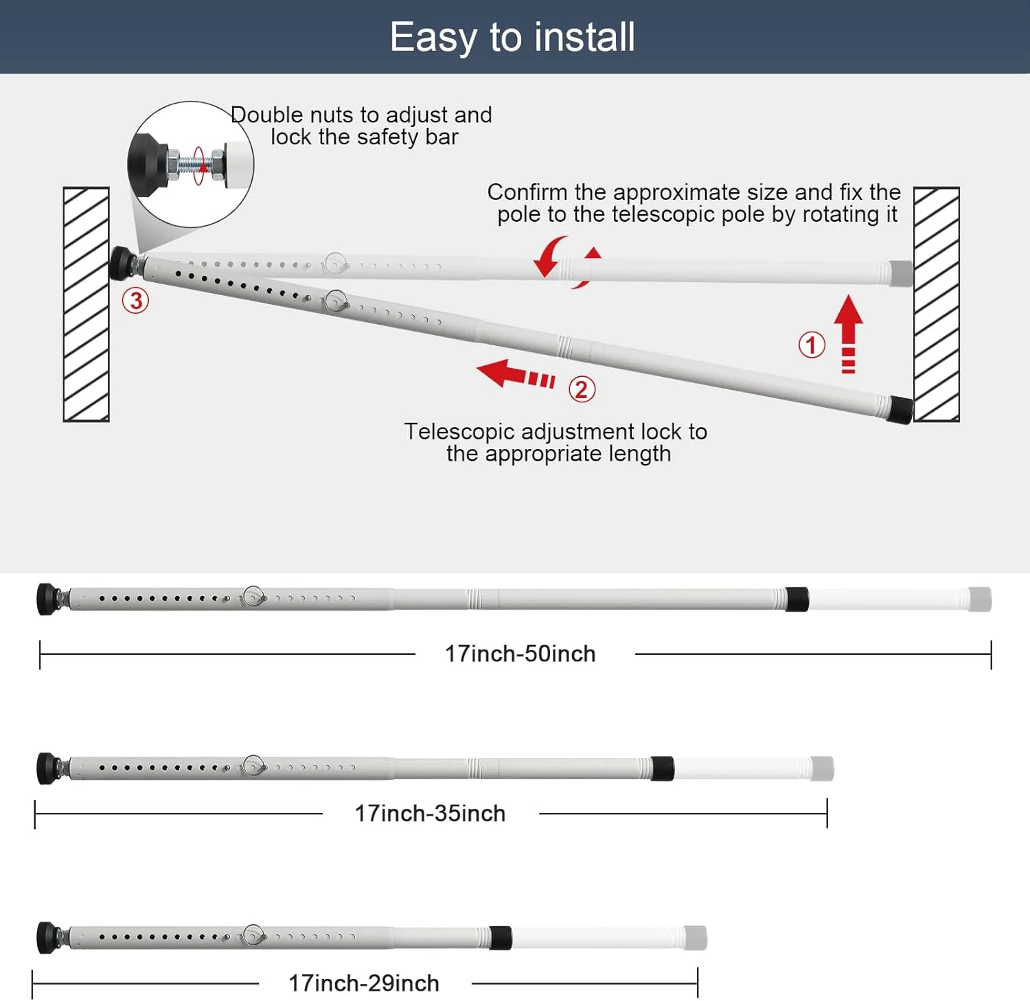 میله امنیتی درب کشویی DIIG، میله ایمنی پنجره قفل شونده قابل تنظیم 45-128 سانتی متر با نوک های لاستیکی، میله امنیتی پنجره با قطر 2.5 سانتی متر برای آپارتمان منزل (سفید)