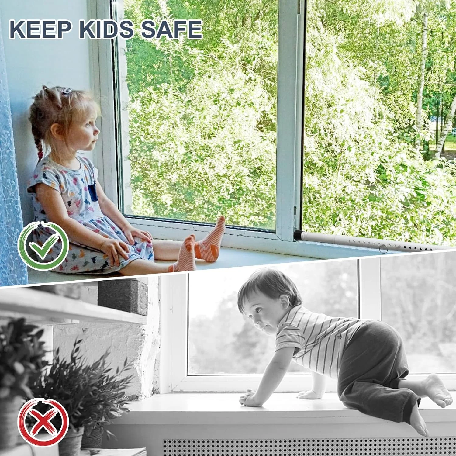 میله امنیتی درب کشویی DIIG، میله ایمنی پنجره قفل شونده قابل تنظیم 45-128 سانتی متر با نوک های لاستیکی، میله امنیتی پنجره با قطر 2.5 سانتی متر برای آپارتمان منزل (سفید)