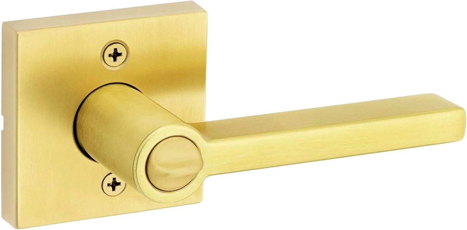 دستگیره اهرمی در مدل Halifax از Kwikset، قفل ورودی کلیدی با امنیت SmartKey و روکش مربعی در رنگ برنجی ساتن