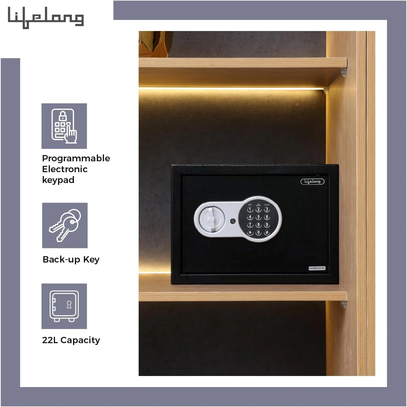 گاوصندوق خانگی الکترونیکی لایف لانگ مدل LLHSL08 با ظرفیت 22 لیتر و چراغ LED | گاوصندوق امنیتی دیجیتال برای خانه و محل کار - 0.8 فوت مکعب، مشکی