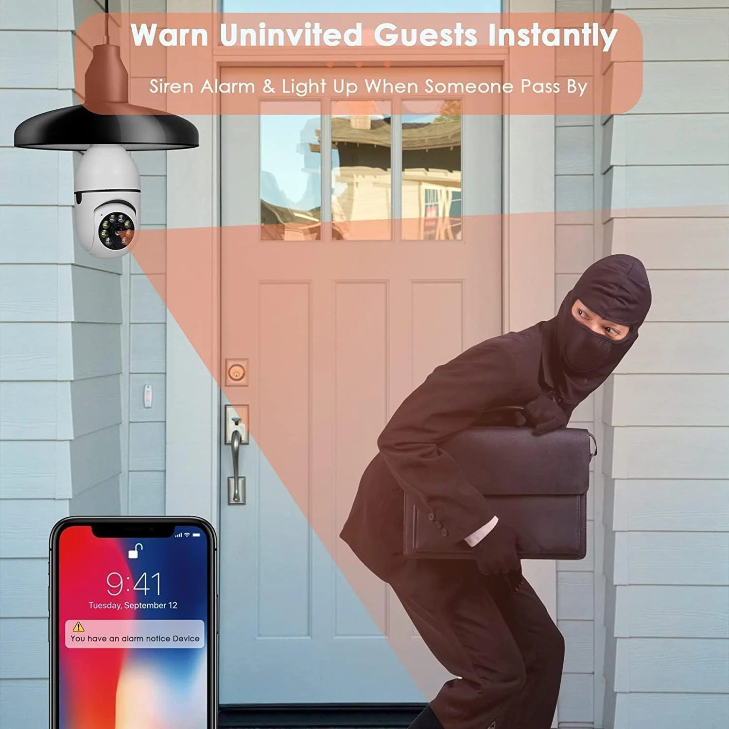 دو عدد دوربین امنیتی 360 درجه بی سیم فضای باز، دوربین لامپی وای فای 2.4 گیگاهرتز و 5 گیگاهرتز، دوربین 1080p داخلی برای سیستم دوربین خانگی، تشخیص حرکت، صدای دو طرفه (2 عدد)