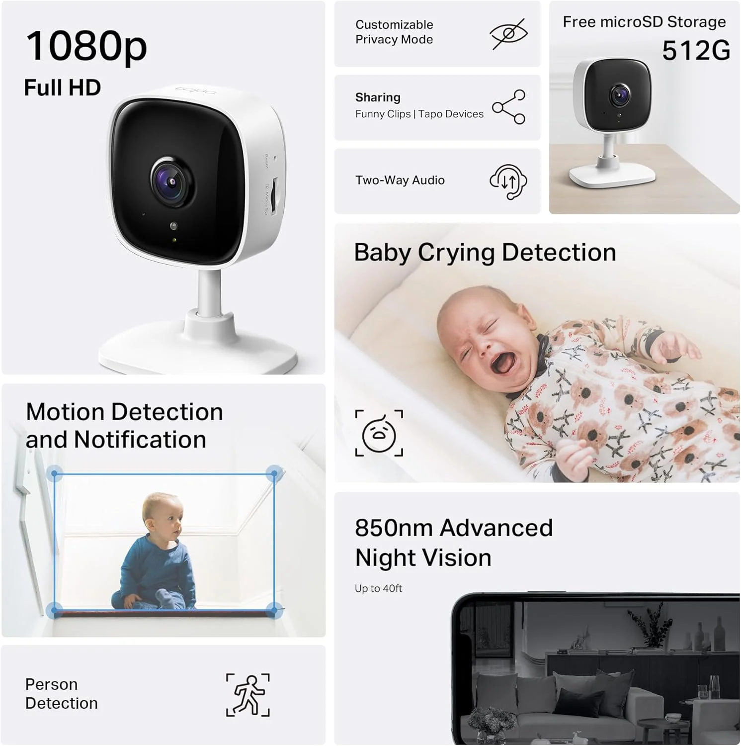 دوربین امنیتی داخلی 1080P Tapo توسط TP-Link برای مانیتور کودک، دوربین حیوانات خانگی با تشخیص حرکت، آژیر صوتی دو طرفه، دید در شب، ذخیره سازی ابری و کارت SD، سازگار با Alexa و Google Home، C100 (بسته 4 عددی) - تصویر 2