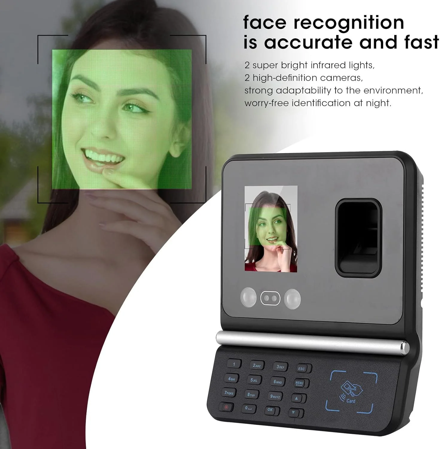دستگاه حضور و غیاب تشخیص چهره، کنترل دسترسی با الگوریتم تشخیص چهره، روش ورودی T9، 5000 اثر انگشت، تشخیص در شب، مناسب برای دفتر و منزل (#2) دستگاه حضور و غیاب تشخیص چهره، کنترل دسترسی با الگوریتم تشخیص چهره، روش ورودی T9، 5000 اثر انگشت، تشخیص در شب، مناسب برای دفتر و منزل (#2)