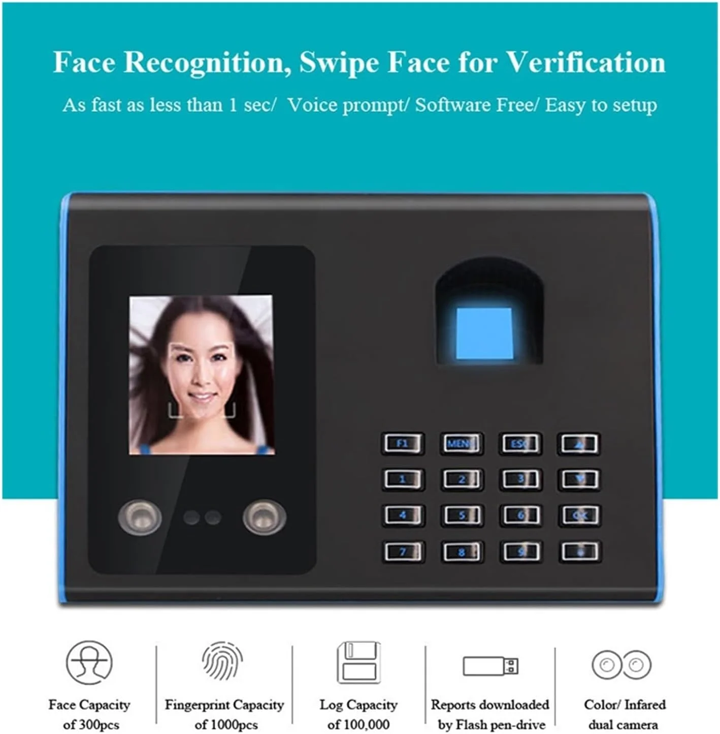 دستگاه حضور و غیاب، ساعت حضور و غیاب بیومتریک اثر انگشت، دستگاه حضور و غیاب تشخیص چهره صفحه نمایش TFT LCD سیستم حضور و غیاب اثر انگشت USB پانچ اتوماتیک ورود و خروج، کارکرد آسان