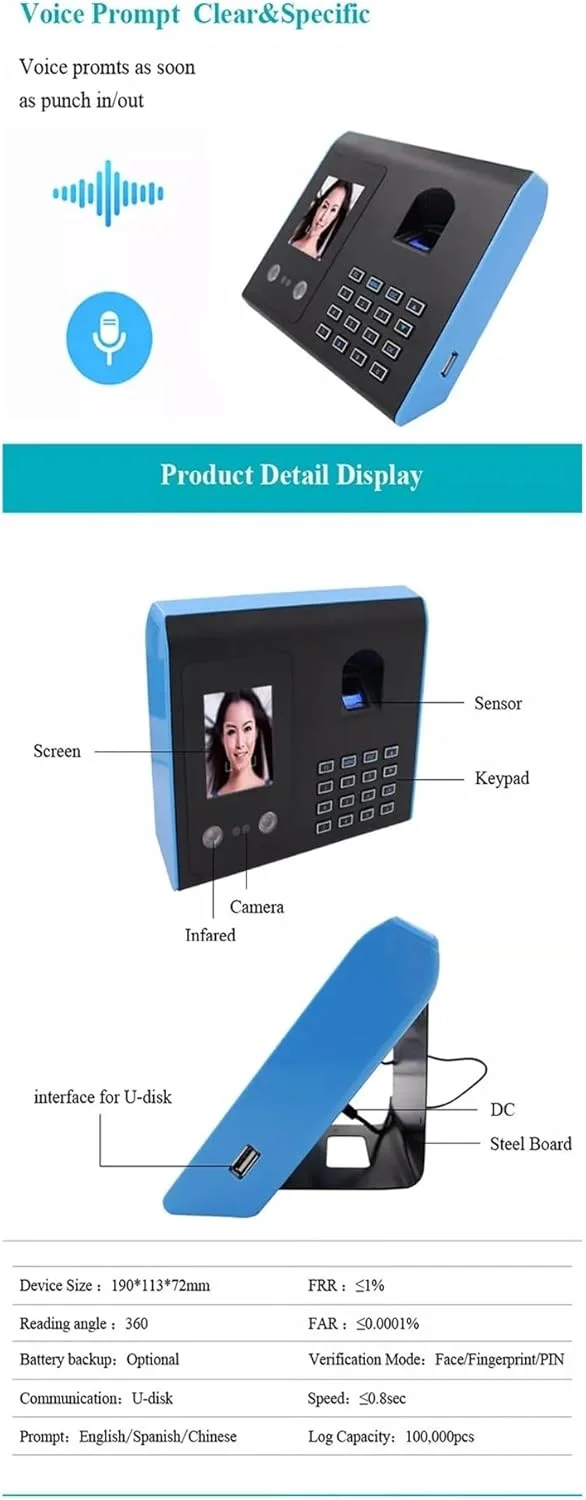 دستگاه حضور و غیاب، ساعت حضور و غیاب بیومتریک اثر انگشت، دستگاه حضور و غیاب تشخیص چهره صفحه نمایش TFT LCD سیستم حضور و غیاب اثر انگشت USB پانچ اتوماتیک ورود و خروج، کارکرد آسان