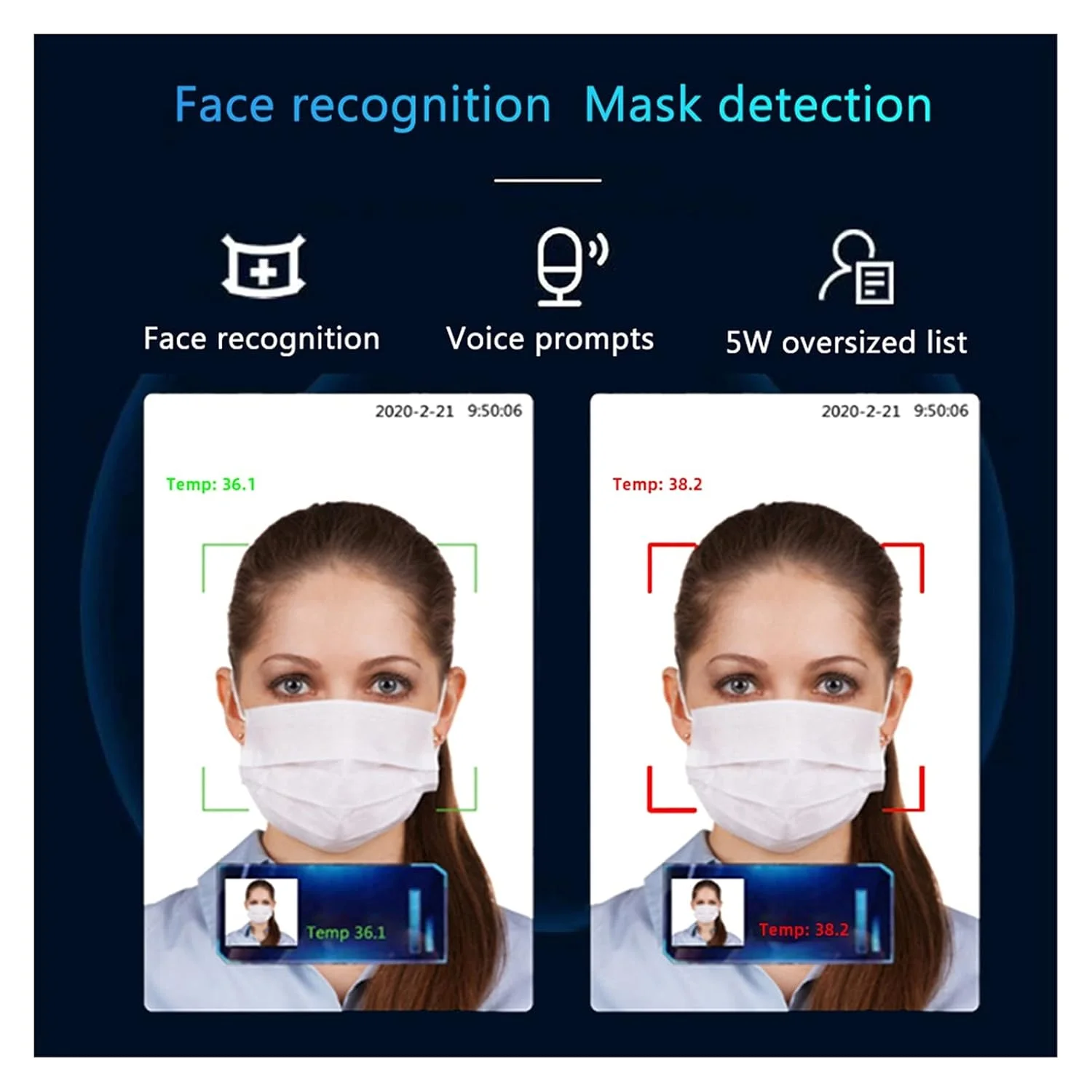 دستگاه ثبت ورود و خروج کارکنان، اندازه گیری دمای بدن، تشخیص چهره پویا، WiFi TCP/IP، سیستم کنترل تردد و کارت های اثر انگشت