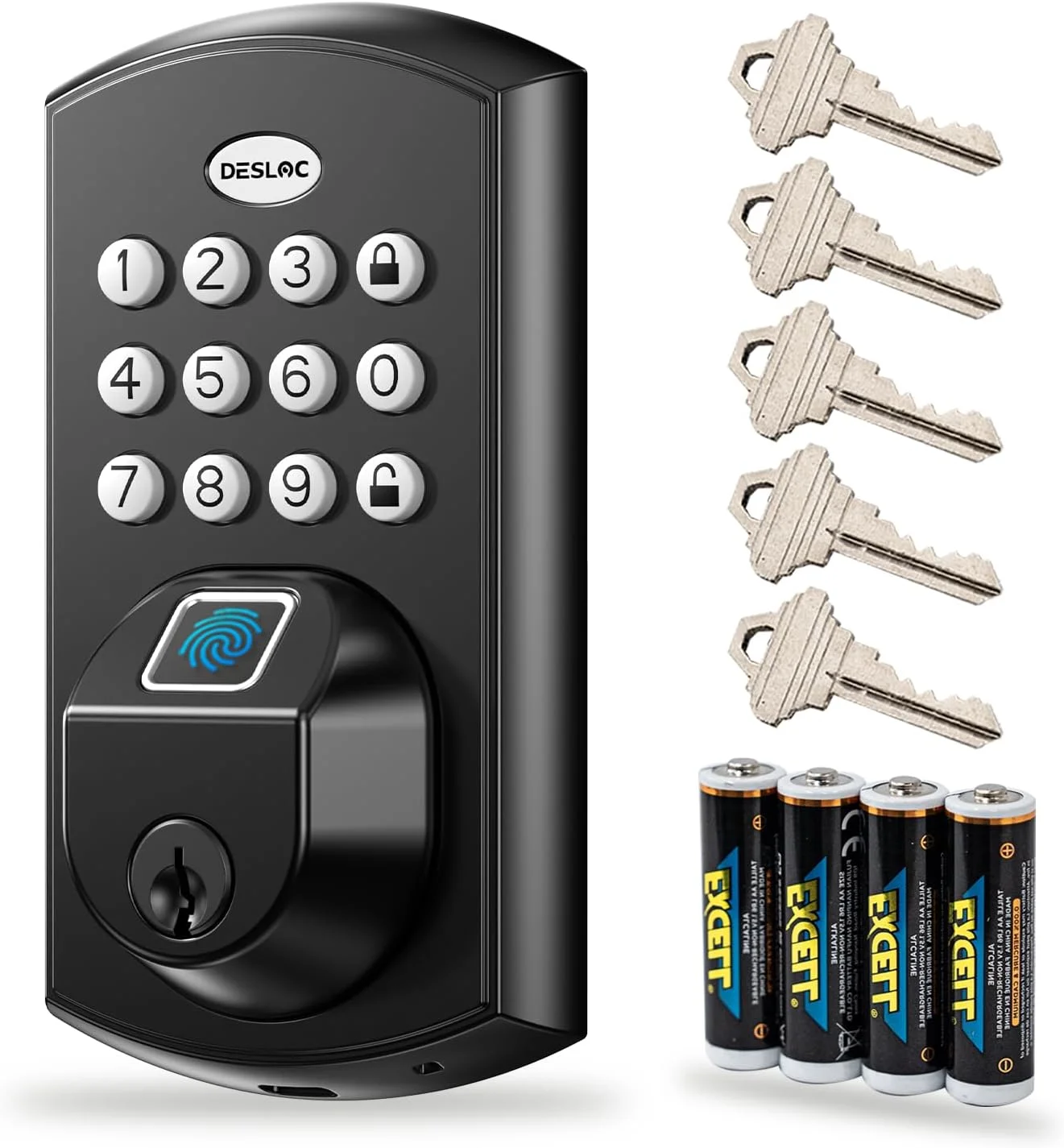 قفل درب اثر انگشتی صفحه کلید DESLOC A100F، قفل درب بدون کلید، قفل هوشمند برای درب ورودی، نصب آسان، درگاه برق اضطراری، 12 ماه عمر باتری، ضد آب IP54، 5 کلید