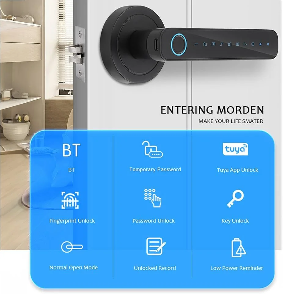 قفل درب اثر انگشتی هوشمند Eacam، قفل درب بیومتریک بدون کلید با دستگیره، باز کردن قفل با کلید و رمز عبور و کنترل از راه دور هوشمند برنامه Tuya با اتصال BT برای خانه، آپارتمان، هتل، دفتر