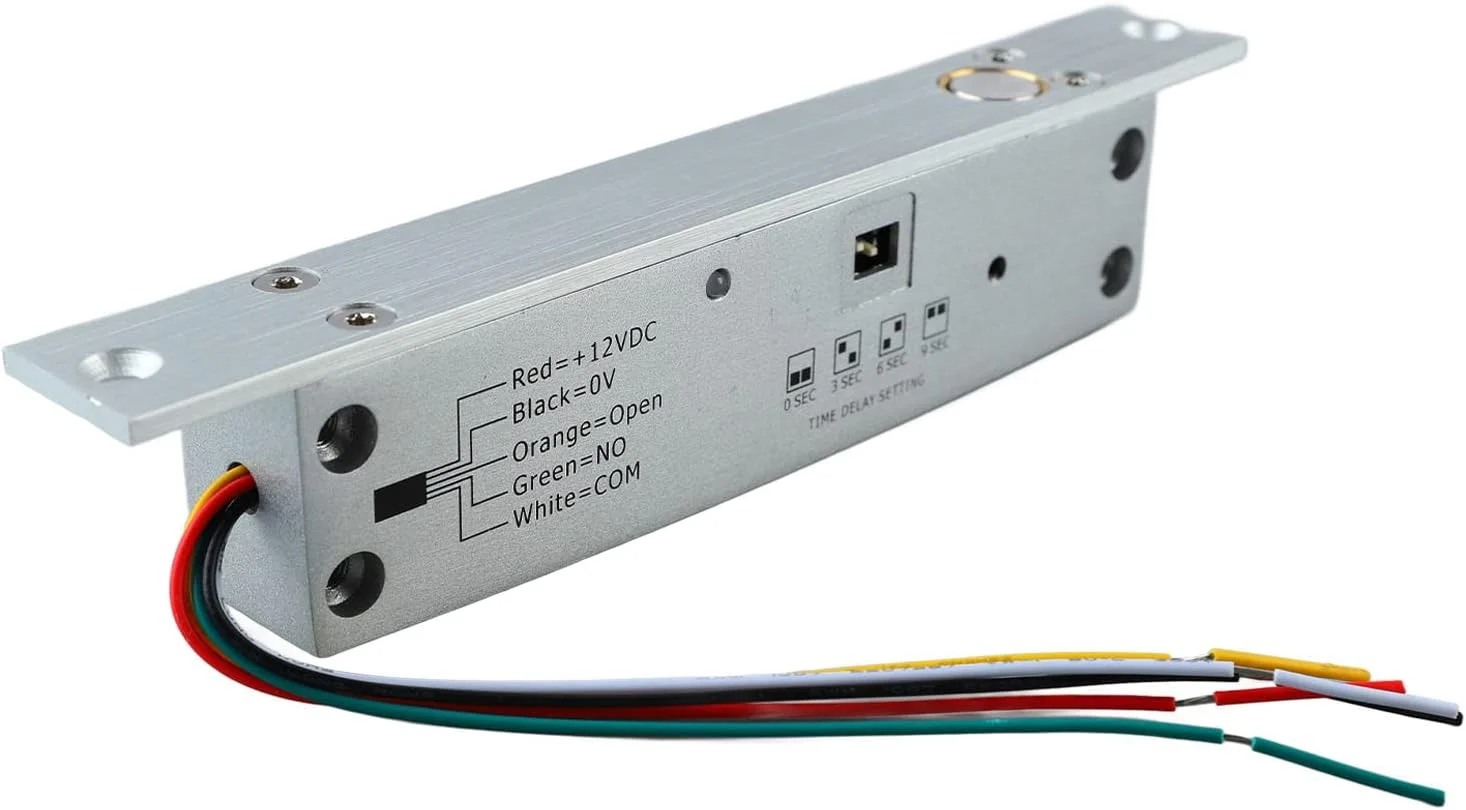 قفل زبانه برقی DC 12V، قفل درب الکترونیکی 5 سیمه، قفل زبانه باریک با تاخیر زمانی و نمایشگر LED برای کنترل دسترسی ورودی درب (باز کردن قفل در صورت قطع برق)