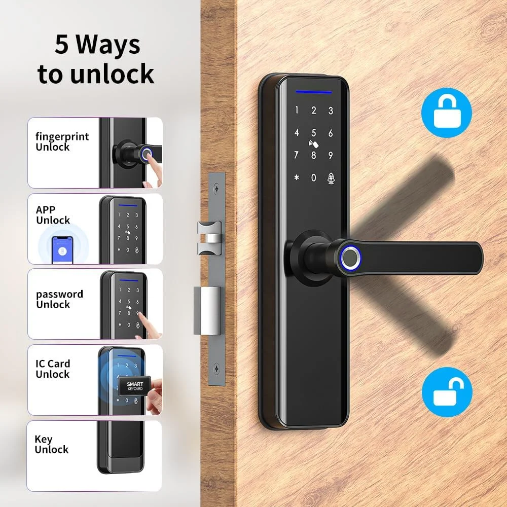 قفل هوشمند درب با WiFi داخلی، قفل دیجیتال اثر انگشتی بدون کلید بی سیم با کنترل از راه دور برنامه برای استفاده در آپارتمان، هتل، خانه (M-26cm)