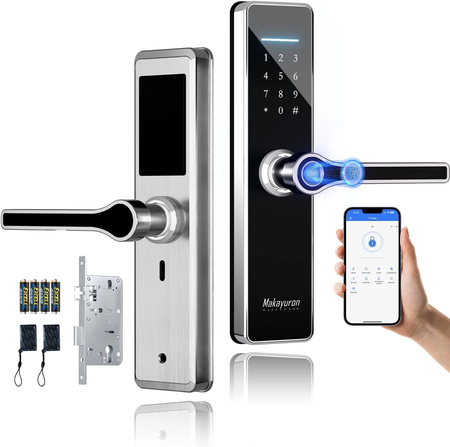 قفل هوشمند استیل ضد زنگ Makayuron، قفل درب هوشمند بلوتوث نسخه TT با باز کردن قفل توسط اثر انگشت، ریموت، کارت NFC با 8 عدد باتری (GDH5، نقره ای) قفل هوشمند استیل ضد زنگ Makayuron، قفل درب هوشمند بلوتوث نسخه TT با باز کردن قفل توسط اثر انگشت، ریموت، کارت NFC با 8 عدد باتری (GDH5، نقره ای)