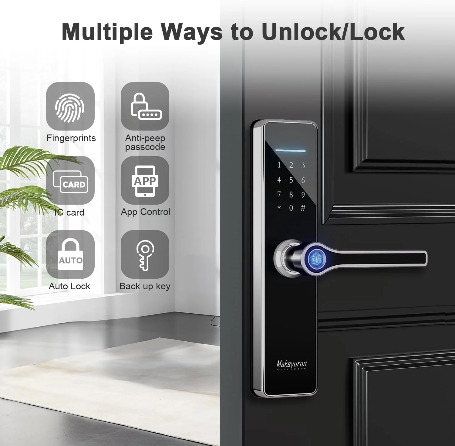 قفل هوشمند استیل ضد زنگ Makayuron، قفل درب هوشمند بلوتوث نسخه TT با باز کردن قفل توسط اثر انگشت، ریموت، کارت NFC با 8 عدد باتری (GDH5، نقره ای)