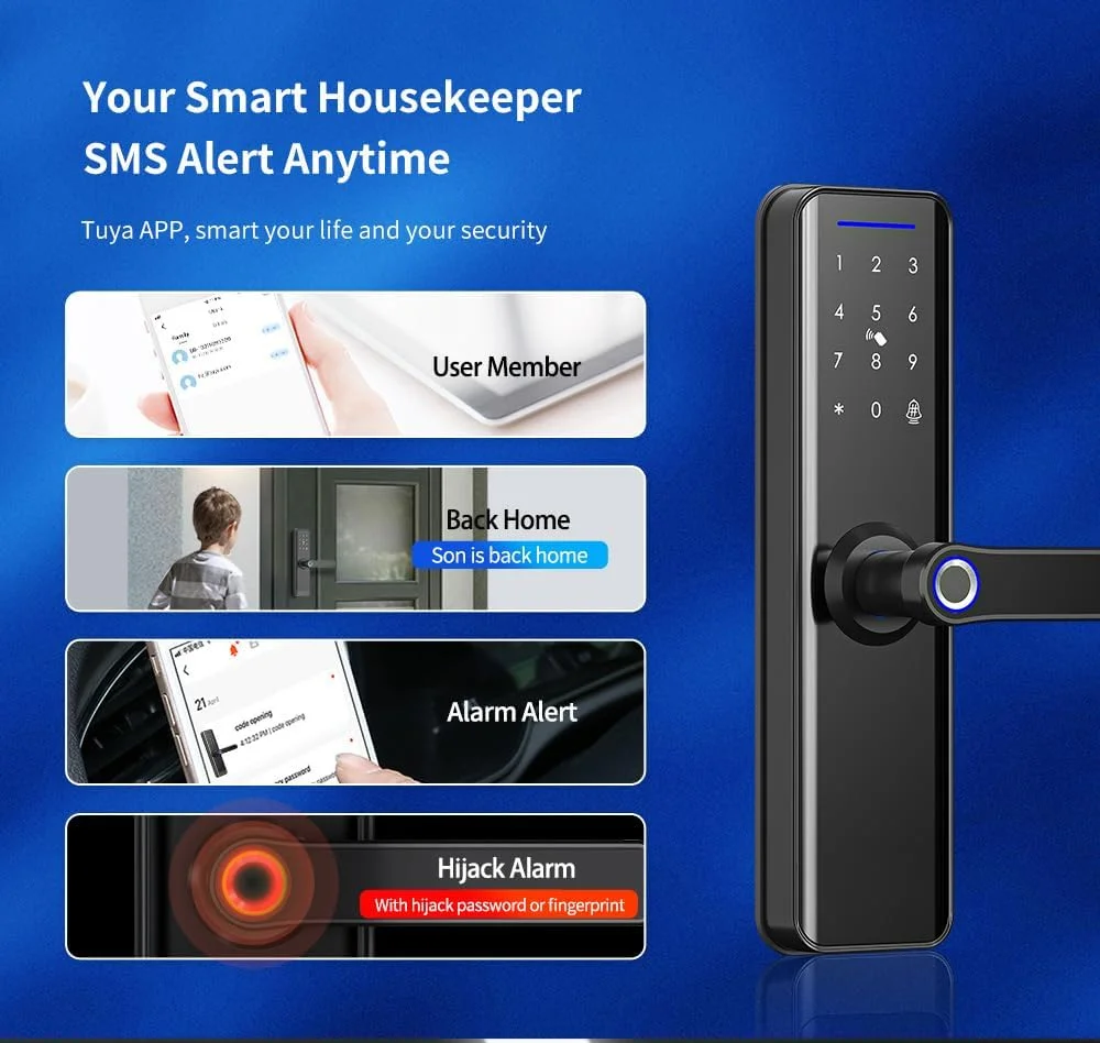 قفل هوشمند درب با WiFi داخلی، قفل دیجیتال اثر انگشتی بدون کلید بی سیم با کنترل از راه دور برنامه برای استفاده در آپارتمان، هتل، خانه (M-26cm)