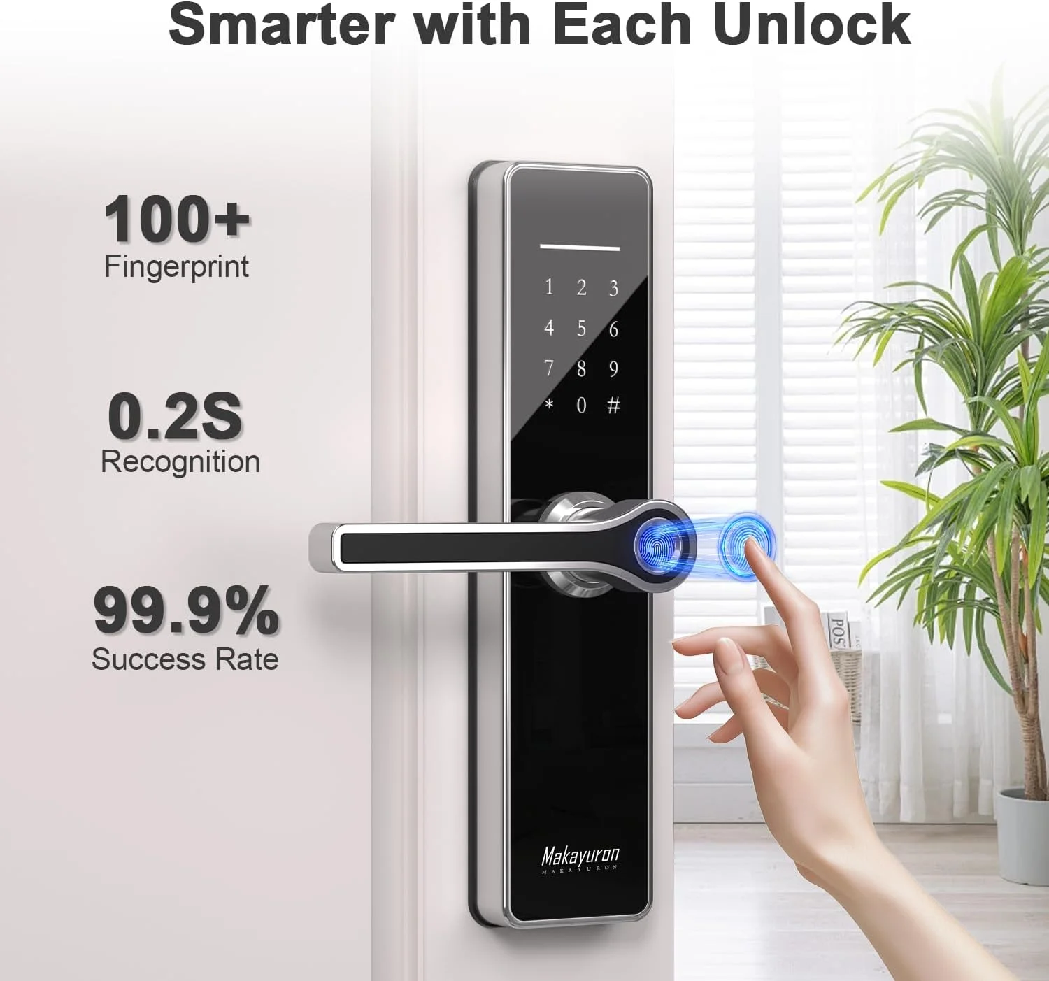 قفل هوشمند استیل ضد زنگ Makayuron، قفل درب هوشمند بلوتوث نسخه TT با باز کردن قفل توسط اثر انگشت، ریموت، کارت NFC با 8 عدد باتری (GDH5، نقره ای)