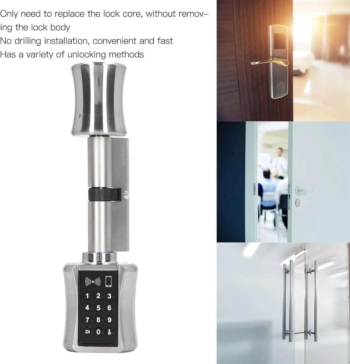 قفل هوشمند، ورود بدون کلید با بلوتوث، دسترسی به درب با برنامه/کارت/رمز عبور/کلید، نصب بدون نیاز به سوراخکاری برای خانه، هتل، درب های امنیتی