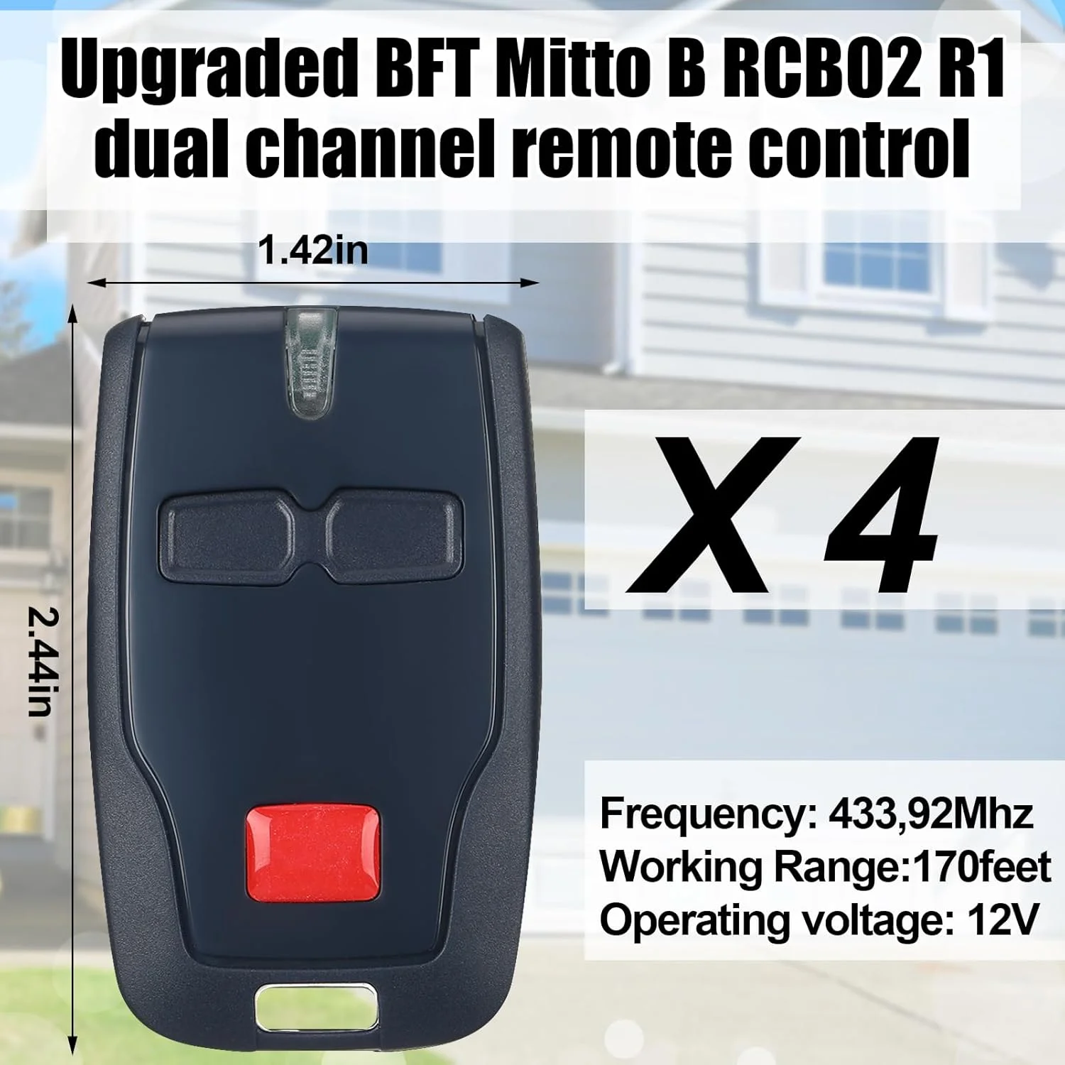 ریموت کنترل 2 کاناله Kingdder، سازگار با BFT Mitto B Rcb02 R1، ریموت کنترل درب بازکن 433.92 مگاهرتز برای انواع درب ها، برنامه ریزی آسان (4 عدد)