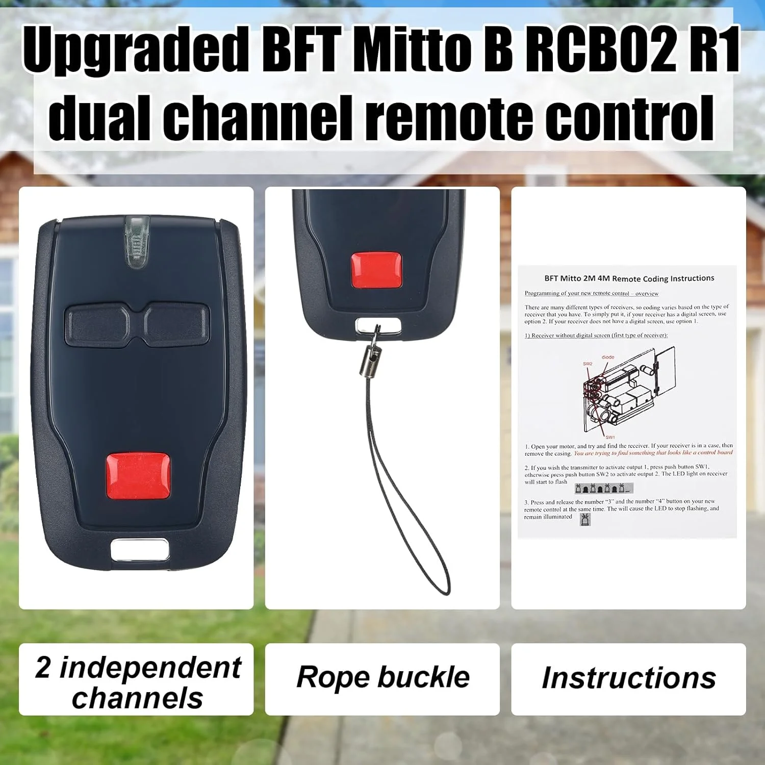 ریموت کنترل 2 کاناله Kingdder، سازگار با BFT Mitto B Rcb02 R1، ریموت کنترل درب بازکن 433.92 مگاهرتز برای انواع درب ها، برنامه ریزی آسان (4 عدد)