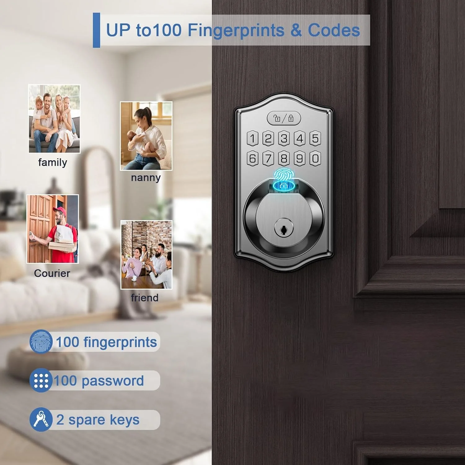 قفل هوشمند امنیتی Koeay، قفل درب بدون کلید با صفحه کلید، قفل زبانه هوشمند برای درب ورودی با 2 کلید، Wi-Fi داخلی، کنترل از راه دور برنامه، قفل خودکار، نصب آسان (نیکل ساتن)