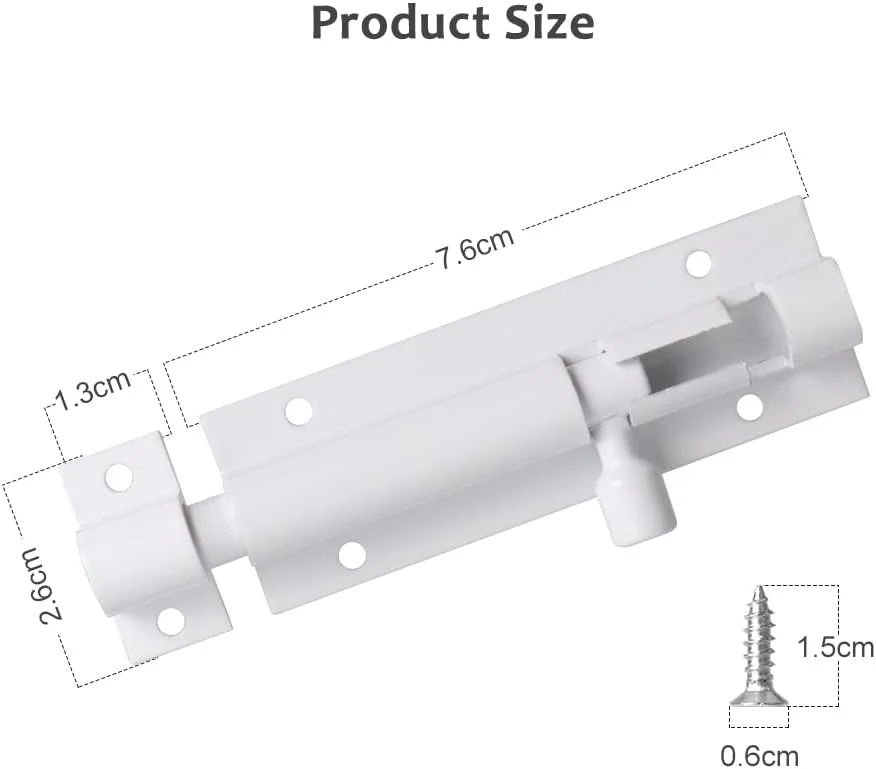 قفل کشویی درب، قفل زبانه ای استیل ضد زنگ قوی برای حمام، اتاق خواب، دروازه، سوله، باغ - قفل کشویی درب با پیچ (1 عدد، سفید)