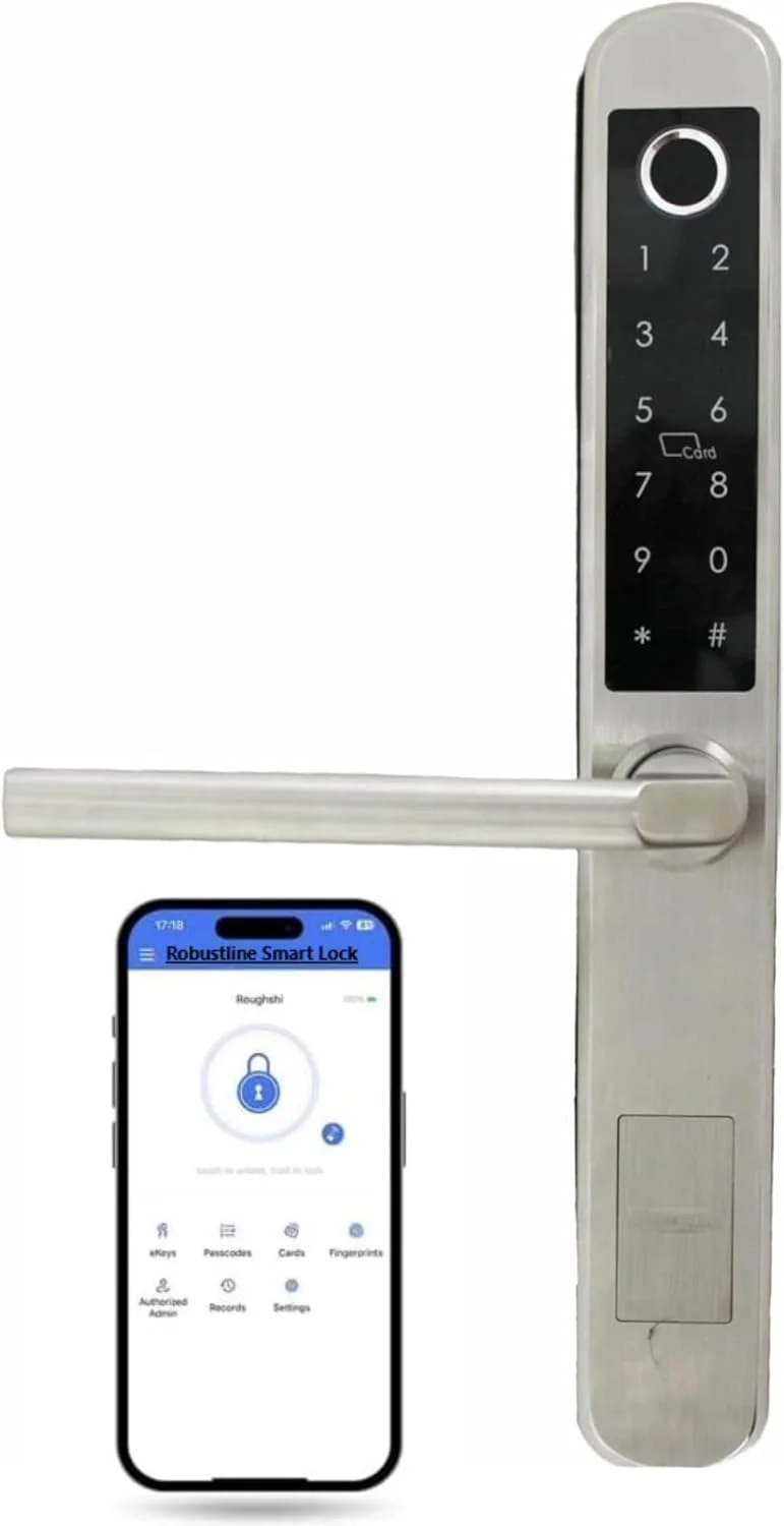قفل هوشمند الکترونیکی درب ورودی Robustline ALUM با 5 عملکرد - اثر انگشت، کارت هوشمند IC، رمز عبور، برنامه موبایل، کلید فلزی (RBSL1020S)
