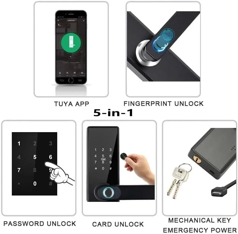 قفل هوشمند OYDAS، قفل الکترونیکی صفحه کلید دار با دستگیره، 5 در 1 چند منظوره، باز کردن قفل با برنامه/اثر انگشت/کارت/کلید/کد