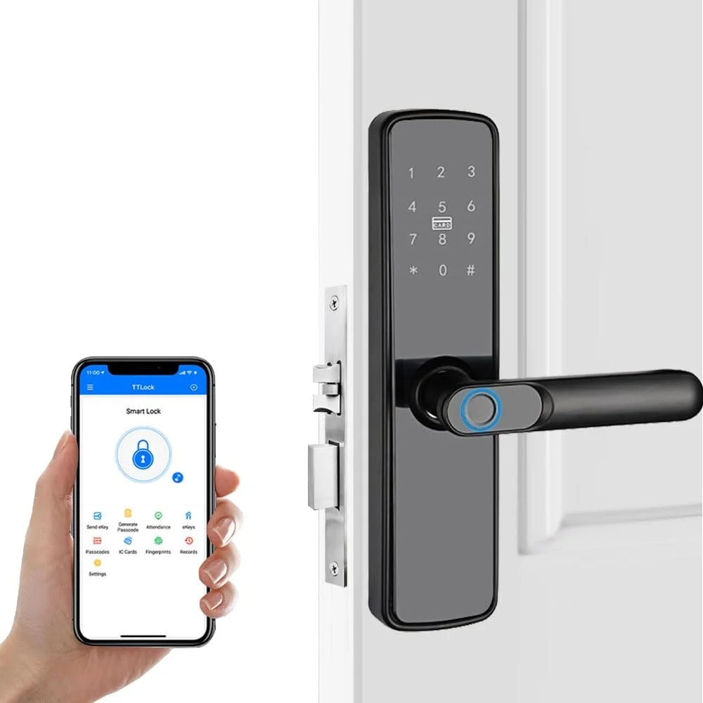 قفل هوشمند درب Seocsing 5 در 1 بدون کلید با اثر انگشت، قفل بلوتوثی درب با صفحه کلید و دستگیره، قفل الکترونیکی اثر انگشتی با کنترل برنامه TT Lock برای خانه، دفتر و آپارتمان