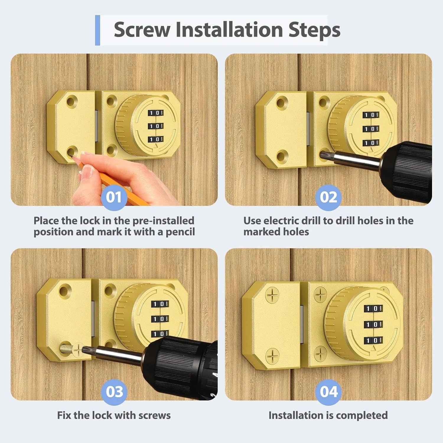 قفل کابینت ترکیبی 3 رقمی YogePote، قفل مکانیکی چرخشی بدون کلید آلیاژ روی با پیچ برای درب انبار، درب یک طرفه، کمد، کشو، کابینت مشروب (1، طلایی)