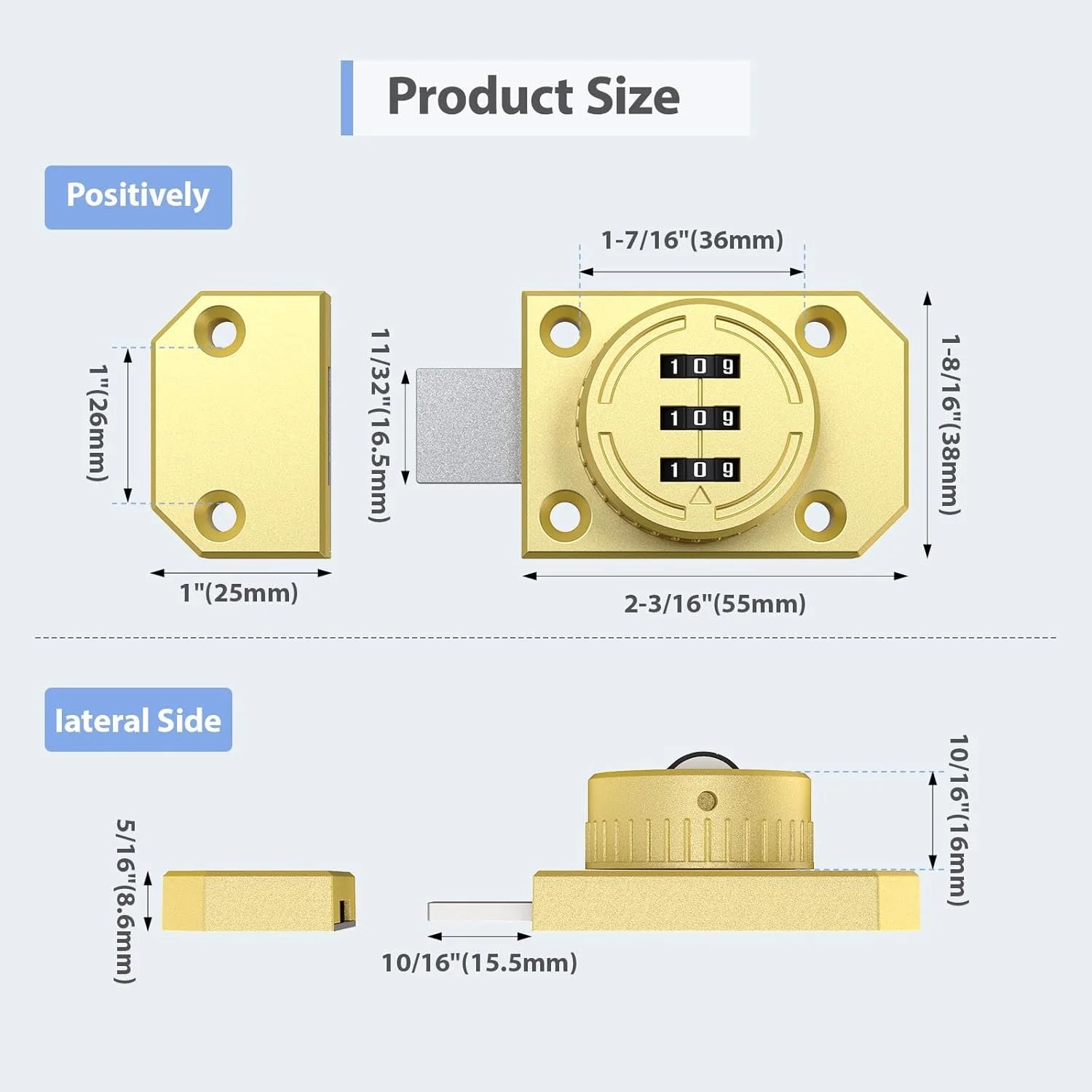 قفل کابینت ترکیبی 3 رقمی YogePote، قفل مکانیکی چرخشی بدون کلید آلیاژ روی با پیچ برای درب انبار، درب یک طرفه، کمد، کشو، کابینت مشروب (1، طلایی)