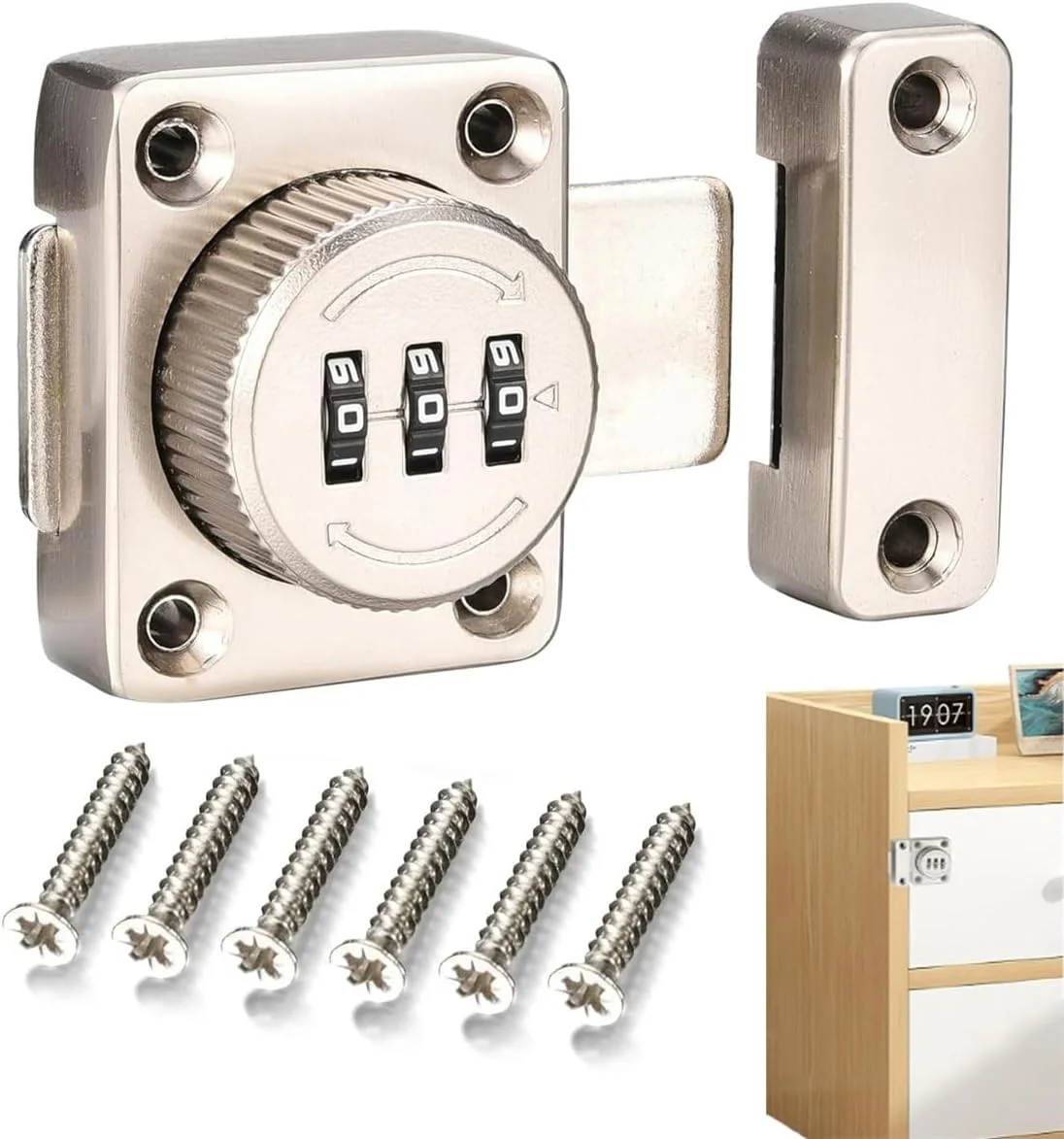 قفل رمزدار درب کابینت، قفل مکانیکی بدون کلید کابینت همراه با پیچ، قفل ایمنی آلیاژ روی، قفل کشویی چرخشی محکم برای کابینت آشپزخانه، کمد، کشو، گاوصندوق، پنجره، نقره ای
