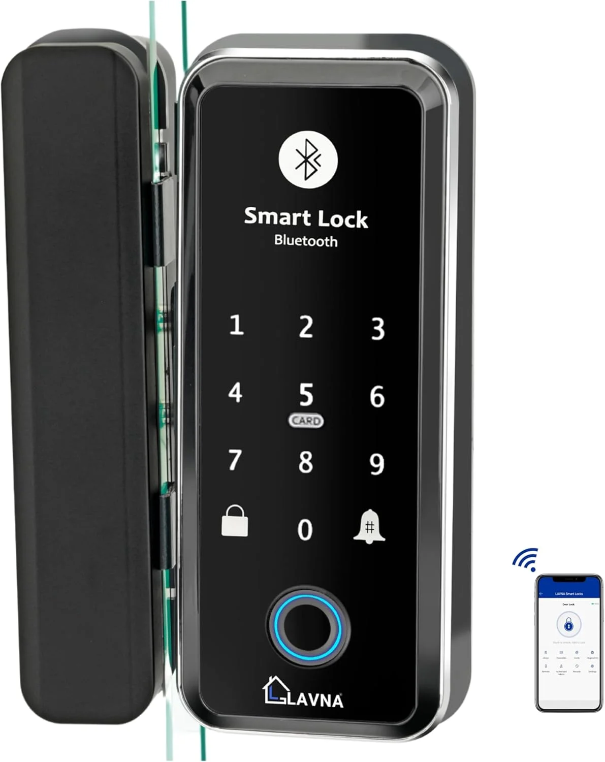 قفل درب شیشه ای LAVNA LA5 با 7 روش دسترسی: اثر انگشت، وای فای، اپلیکیشن موبایل، ریموت، رمز یکبار مصرف، پین کد و کارت RFID فقط برای درب های شیشه ای 10-12 میلی متری (نسل جدید LA5)