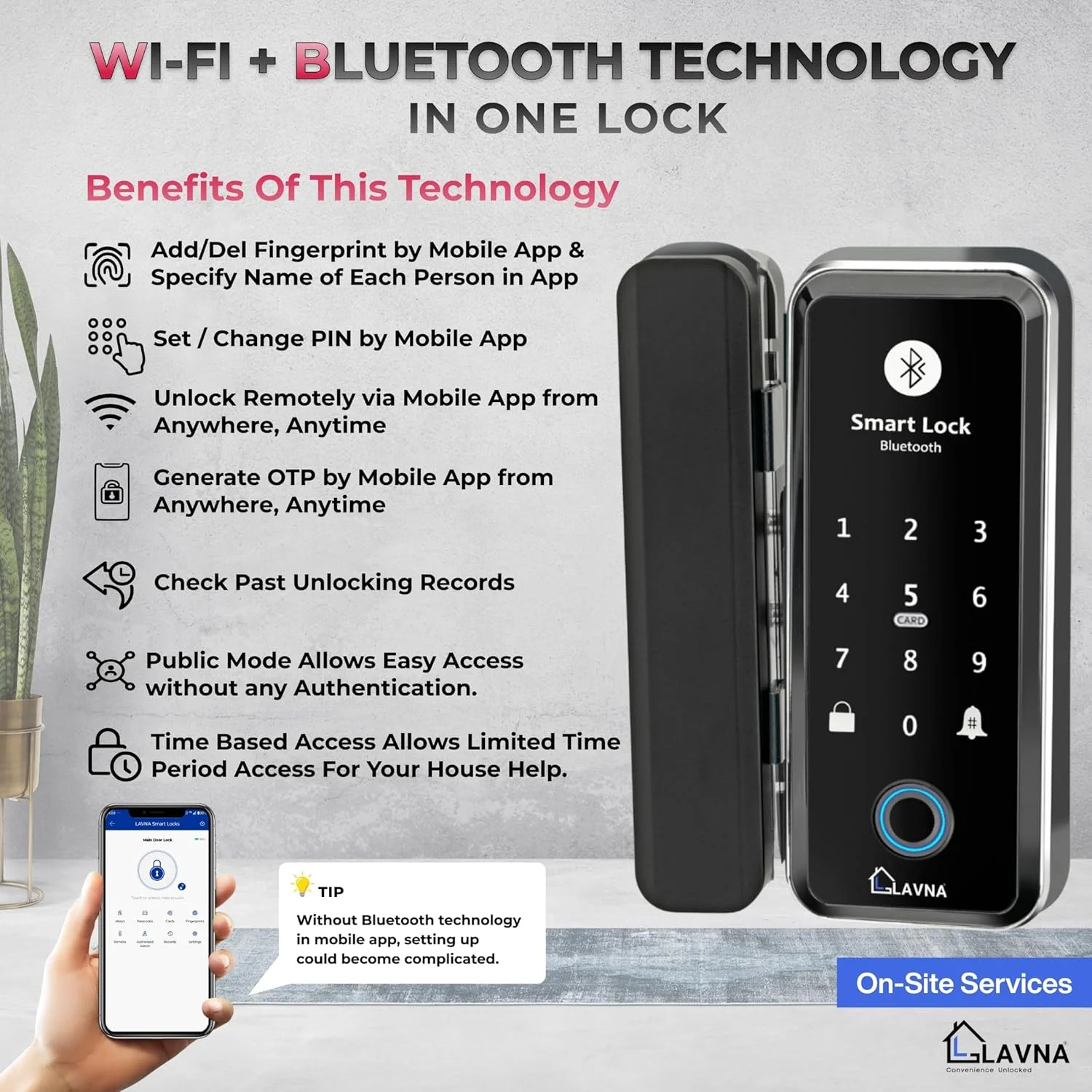 قفل درب شیشه ای LAVNA LA5 با 7 روش دسترسی: اثر انگشت، وای فای، اپلیکیشن موبایل، ریموت، رمز یکبار مصرف، پین کد و کارت RFID فقط برای درب های شیشه ای 10-12 میلی متری (نسل جدید LA5)